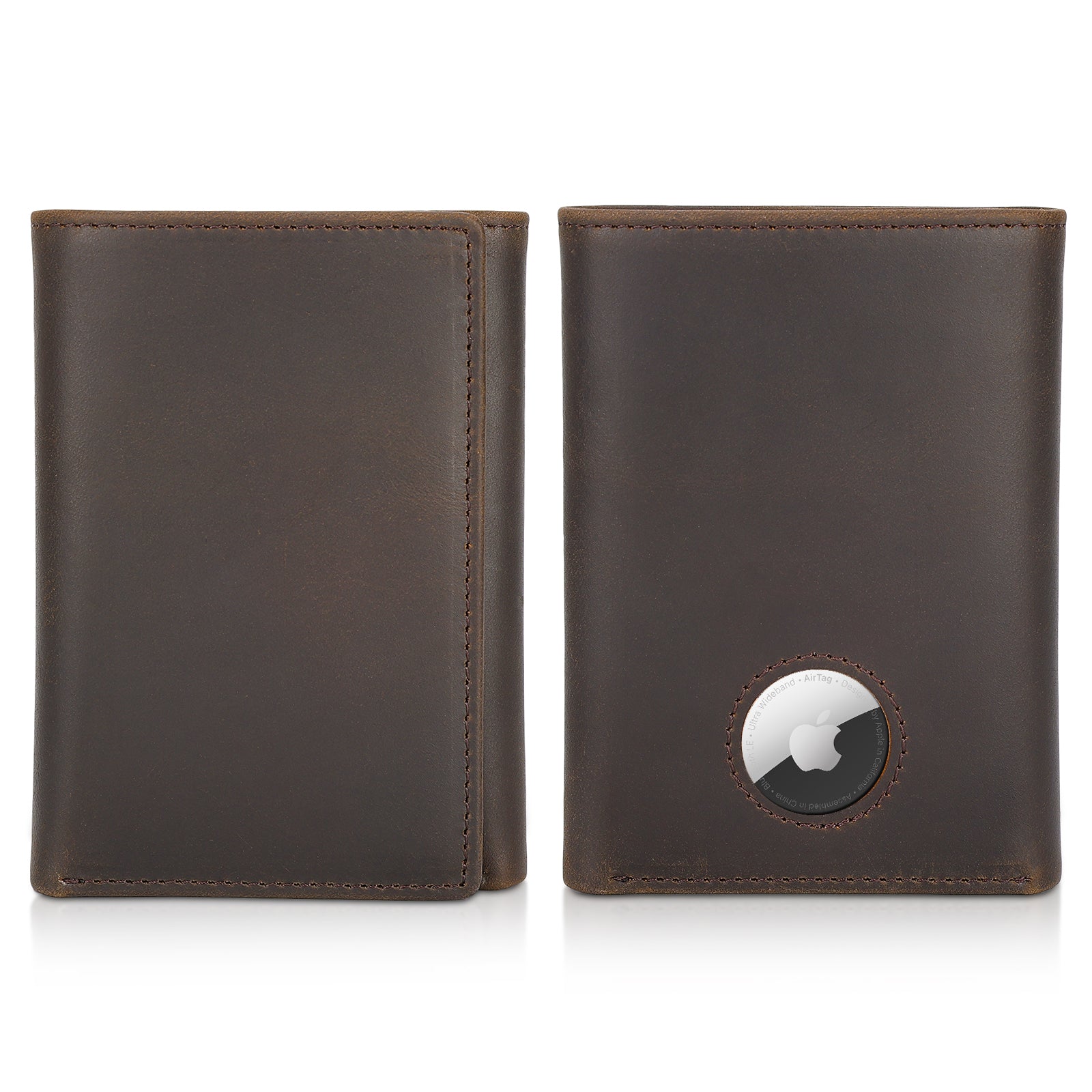 Full Grain Leather Trifold Wallet RFID Blocking with AirTag Slot (Front/Back)