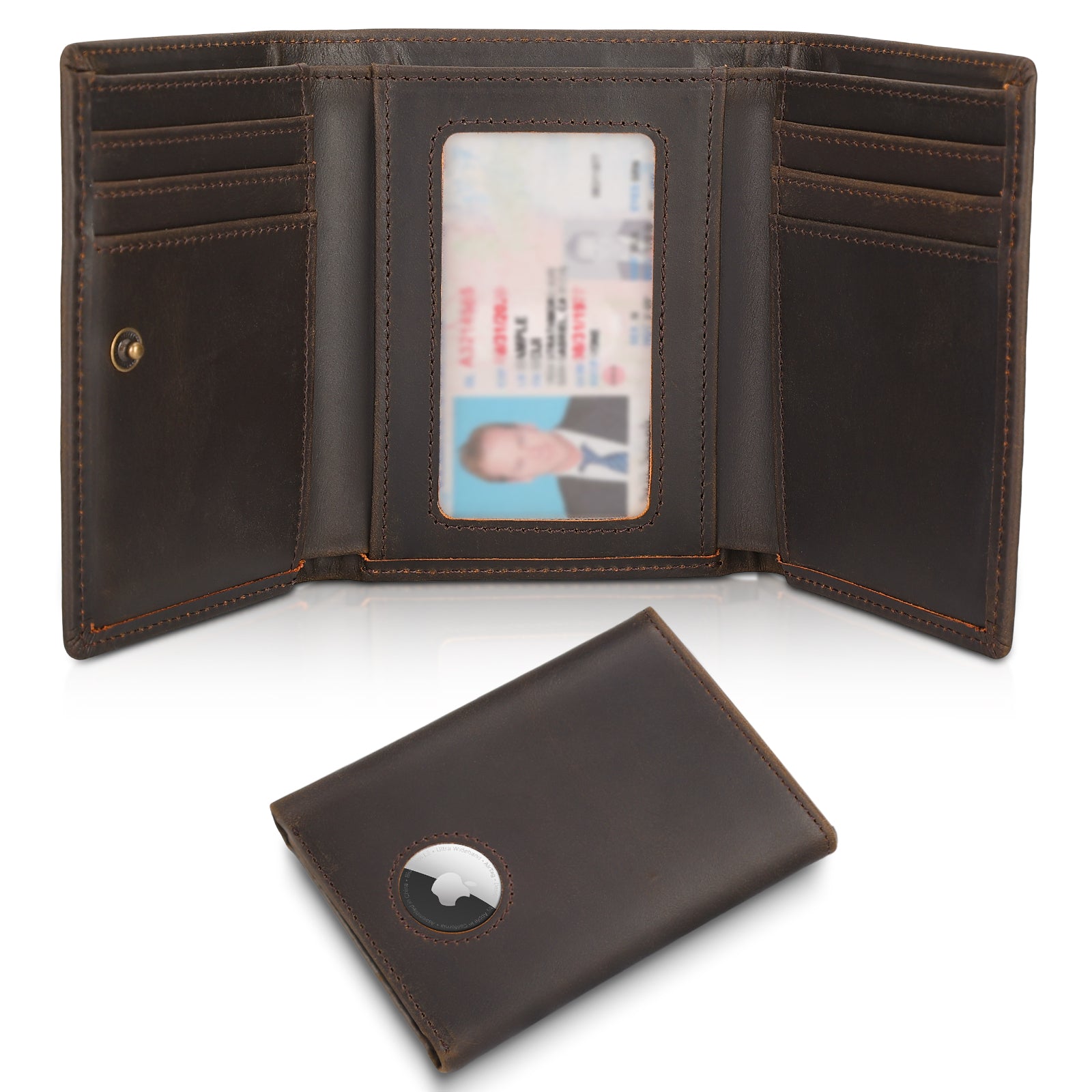 Full Grain Leather Trifold Wallet RFID Blocking with AirTag Slot