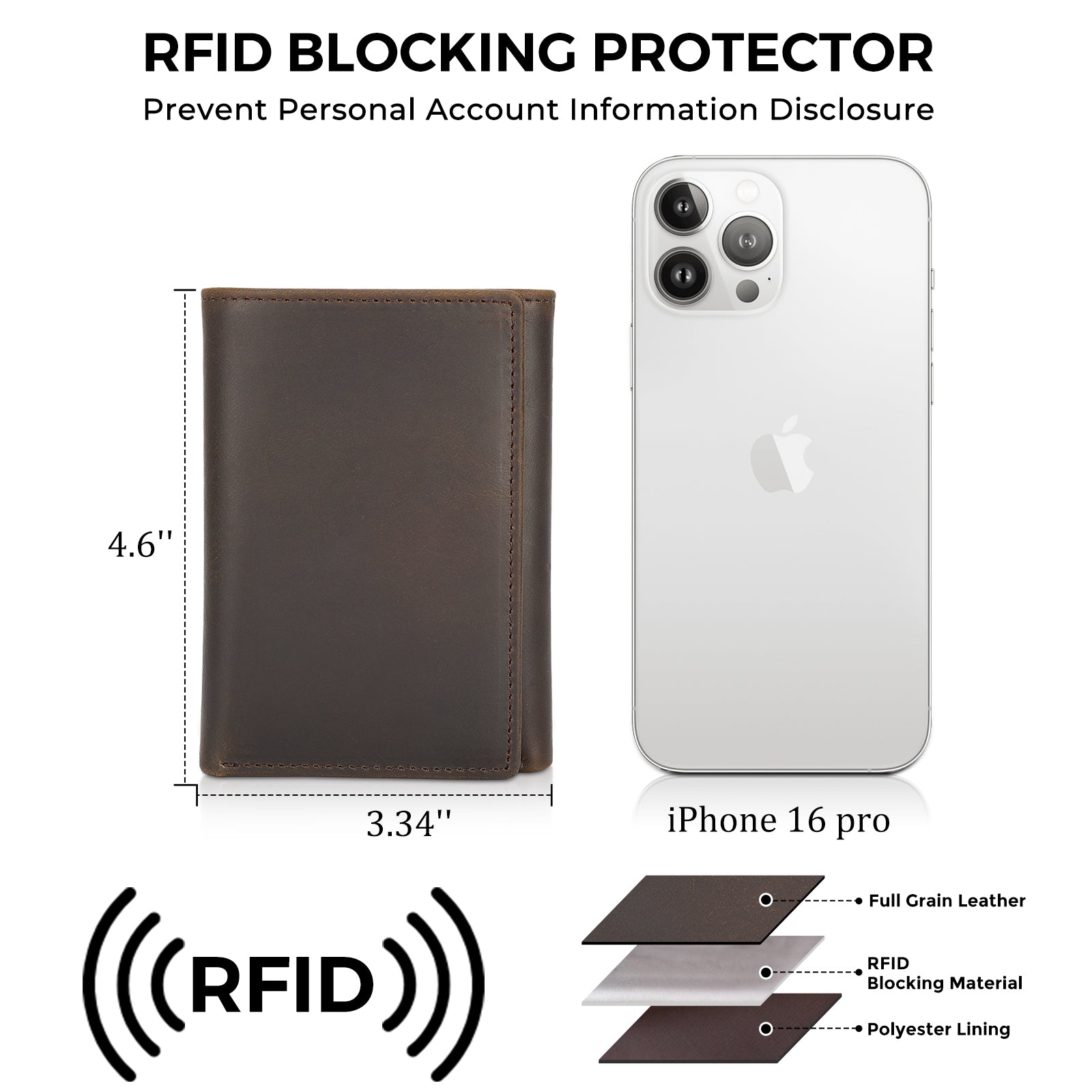 Full Grain Leather Trifold Wallet RFID Blocking with AirTag Slot (Dimension)