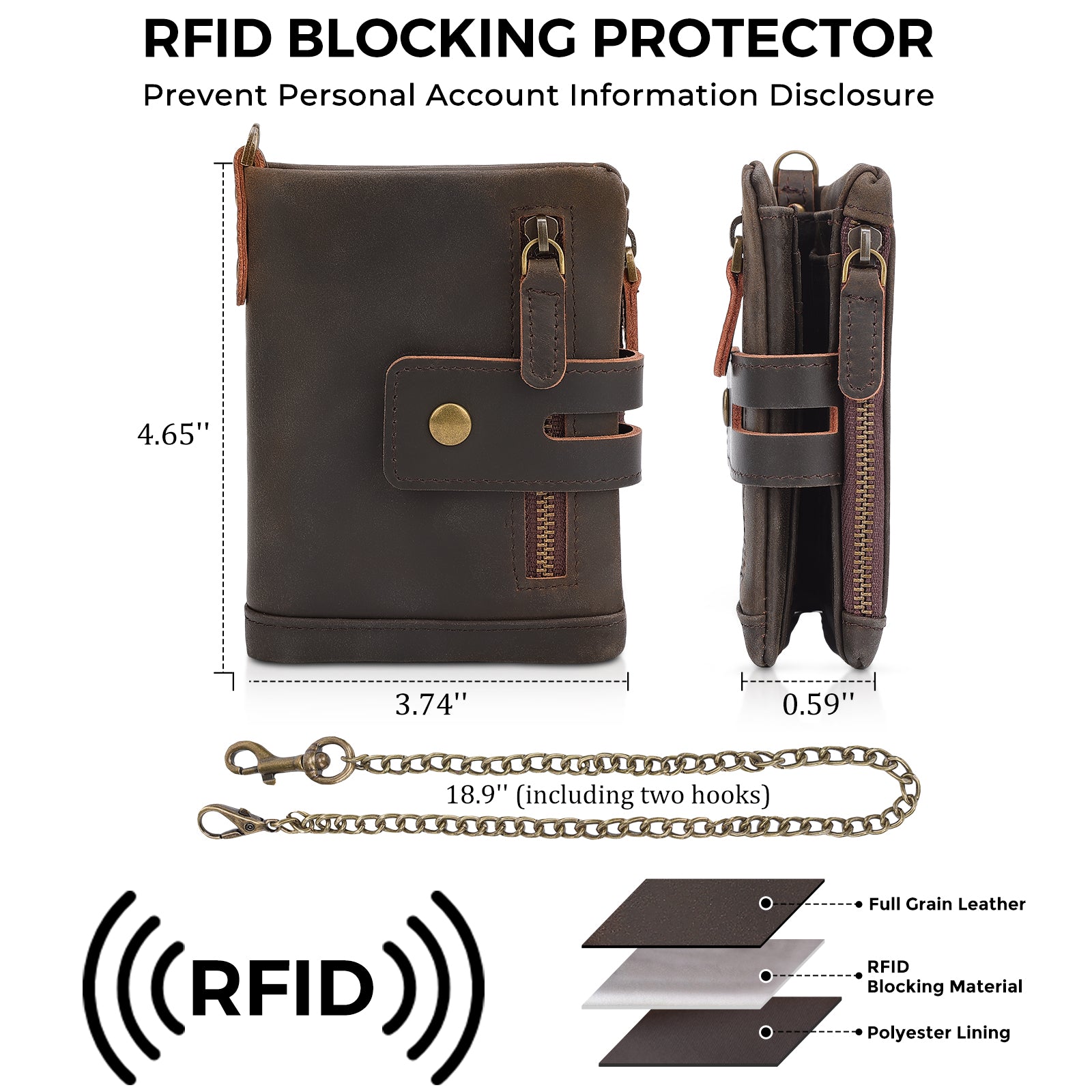 Leather Anti-Theft Wallet with Chain Travel Bifold Purse Card Case (Dimension)