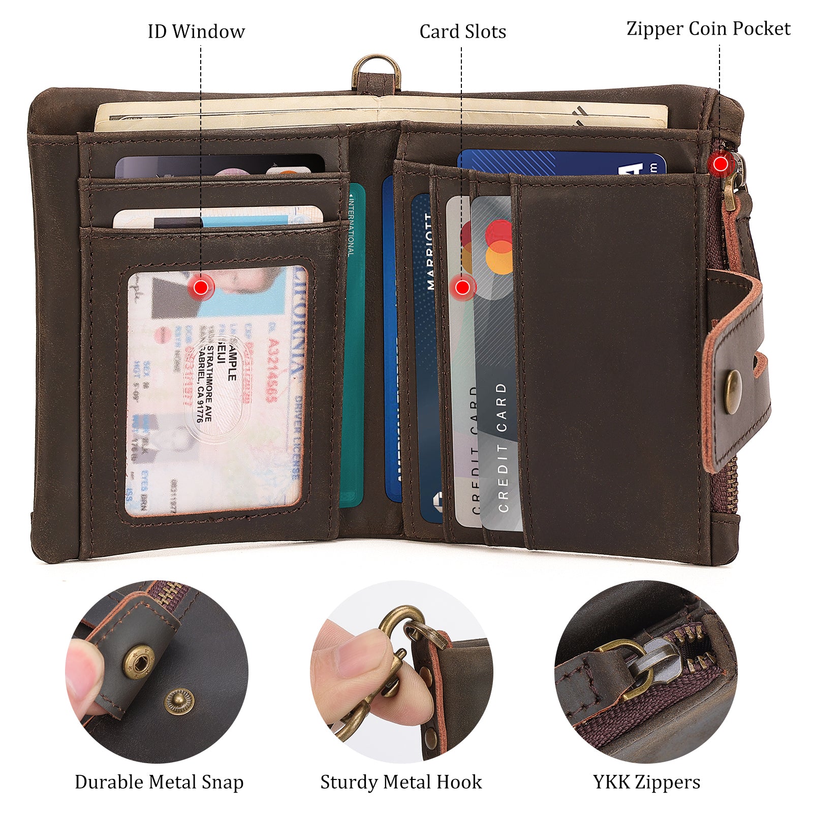 Leather Anti-Theft Wallet with Chain Travel Bifold Purse Card Case (Inside)