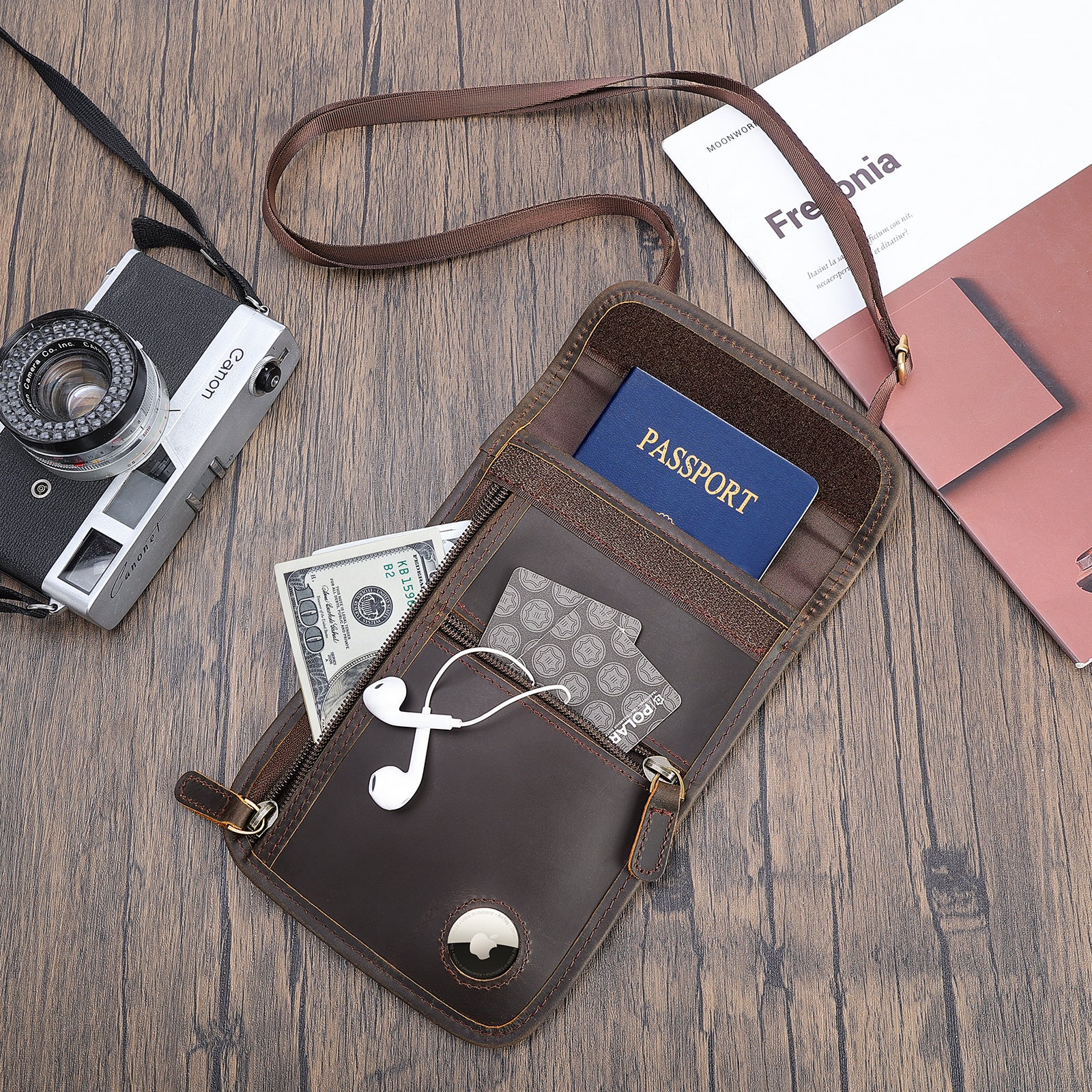 Leather Neck Wallet Travel Passport Pouch with AirTag Slot (Scenario Shows)