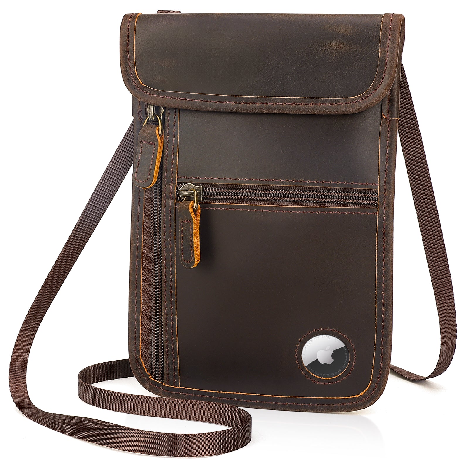 Leather Neck Wallet Travel Passport Pouch with AirTag Slot
