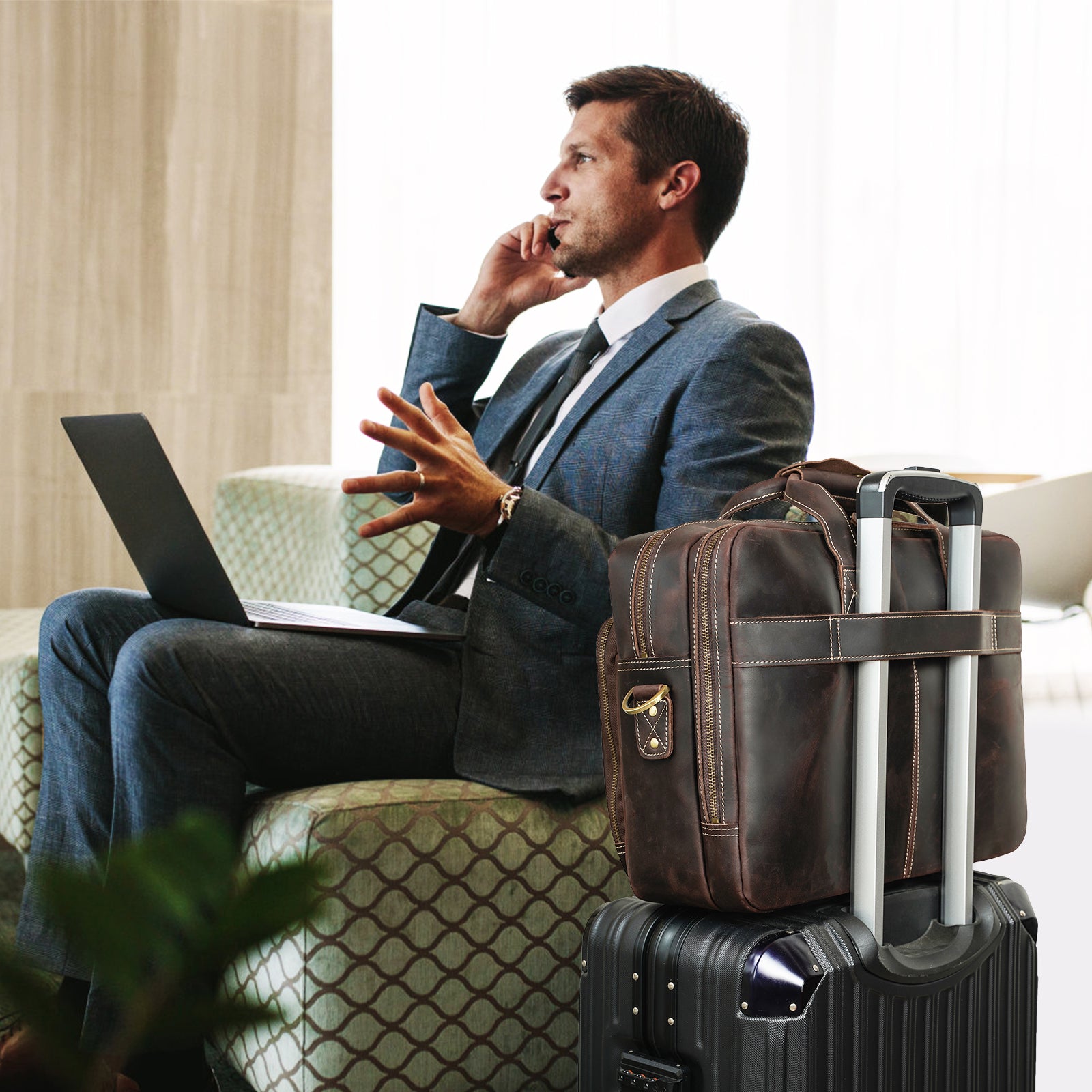 Polare 17" Full Grain Leather Briefcase Business Travel Laptop (Back)