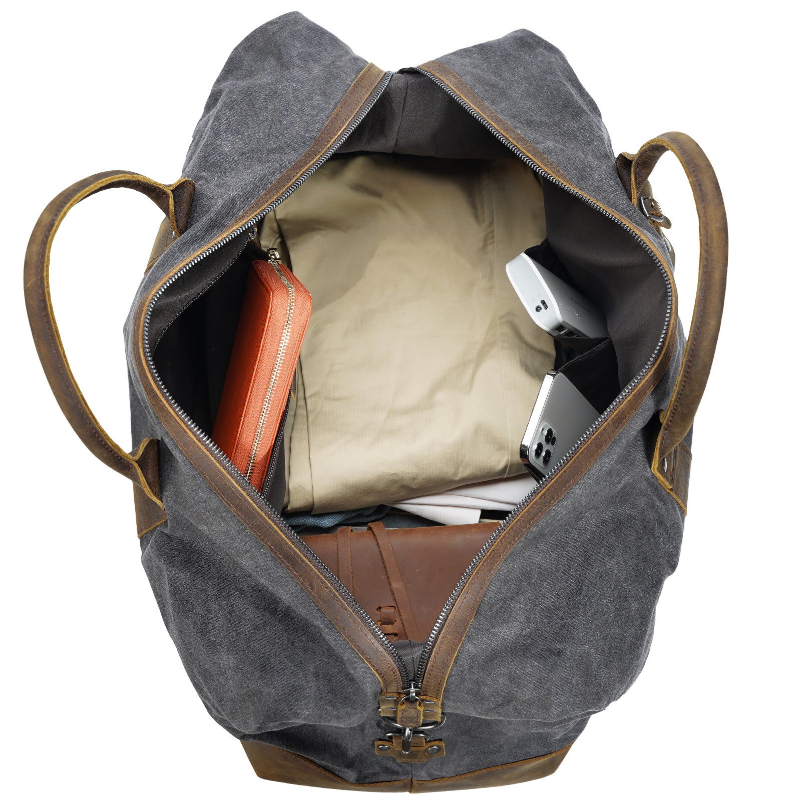 Polare 23” Cowhide Leather Waterproof Waxed Canvas Travel Duffel Bag (Grey,Inside)