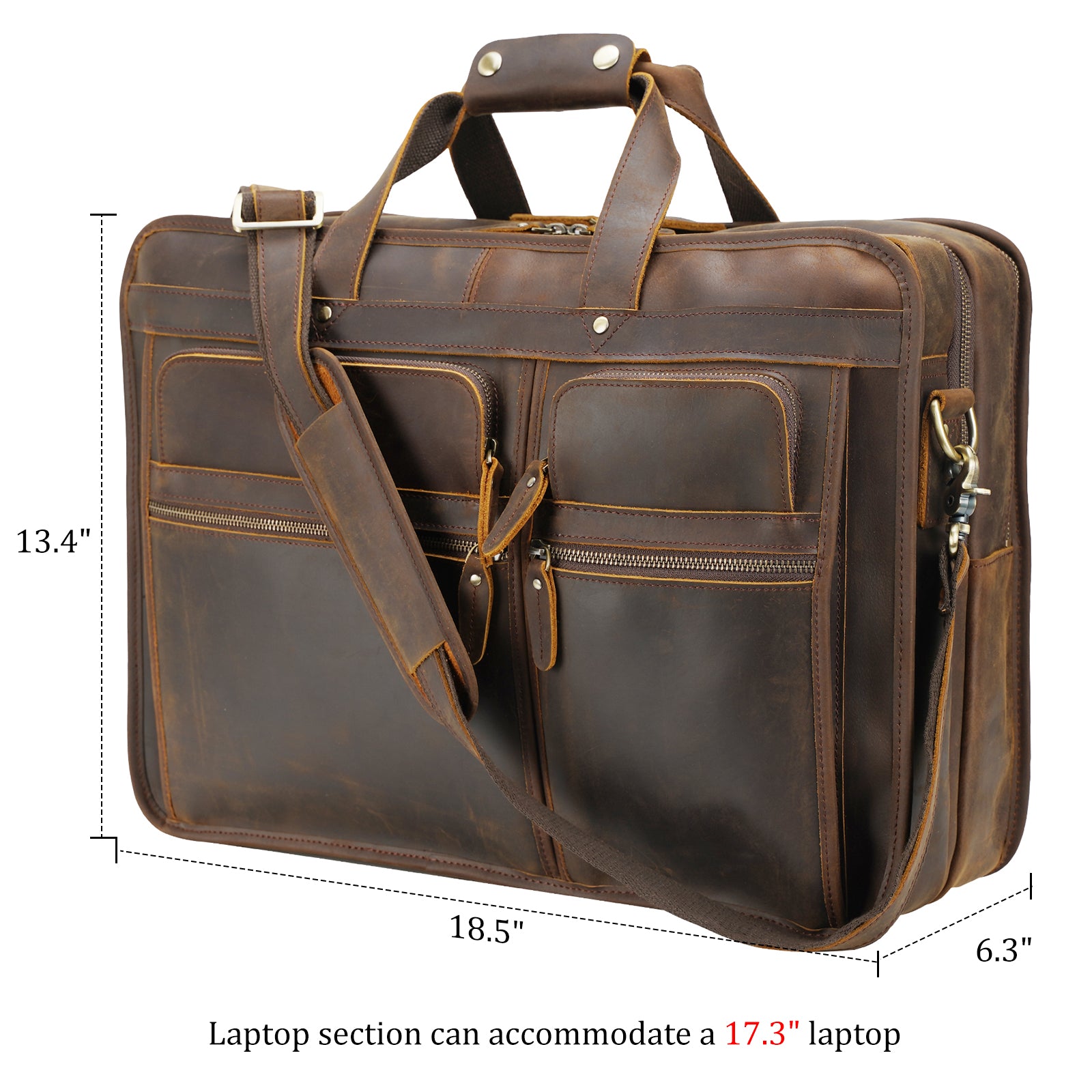 Polare 18.5” Full Grain Leather Laptop Briefcase Messenger Bag Tote (Dimension)