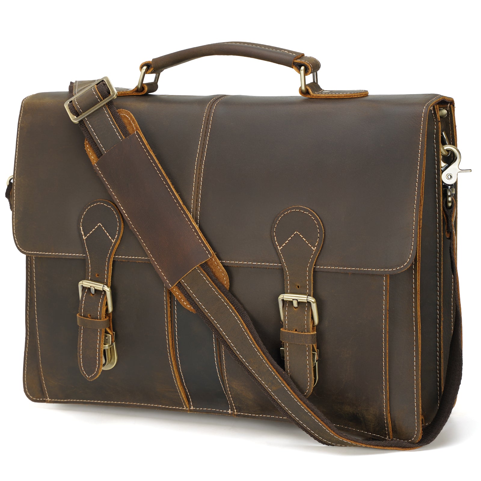 brown leather messenger backpack Polare 16" Full Grain Leather Messenger Bag Laptop Briefcase Bag Professional Work Bag For Men with YKK Zippers
