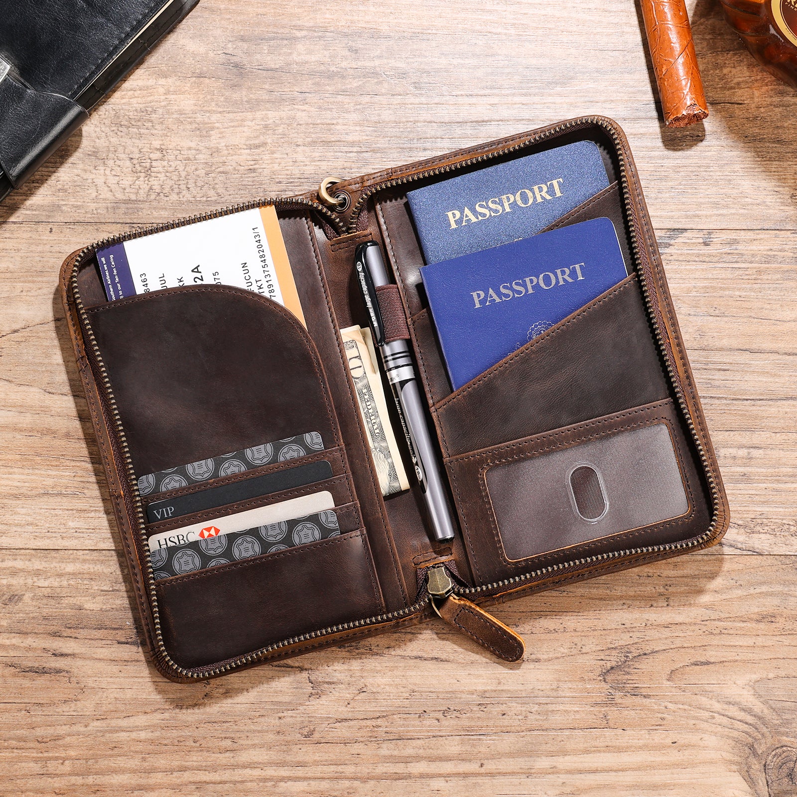 Full Grain Leather Passport Ticket Holder Case Holds 2 Passports (Dark Brown,Scenario Shows)