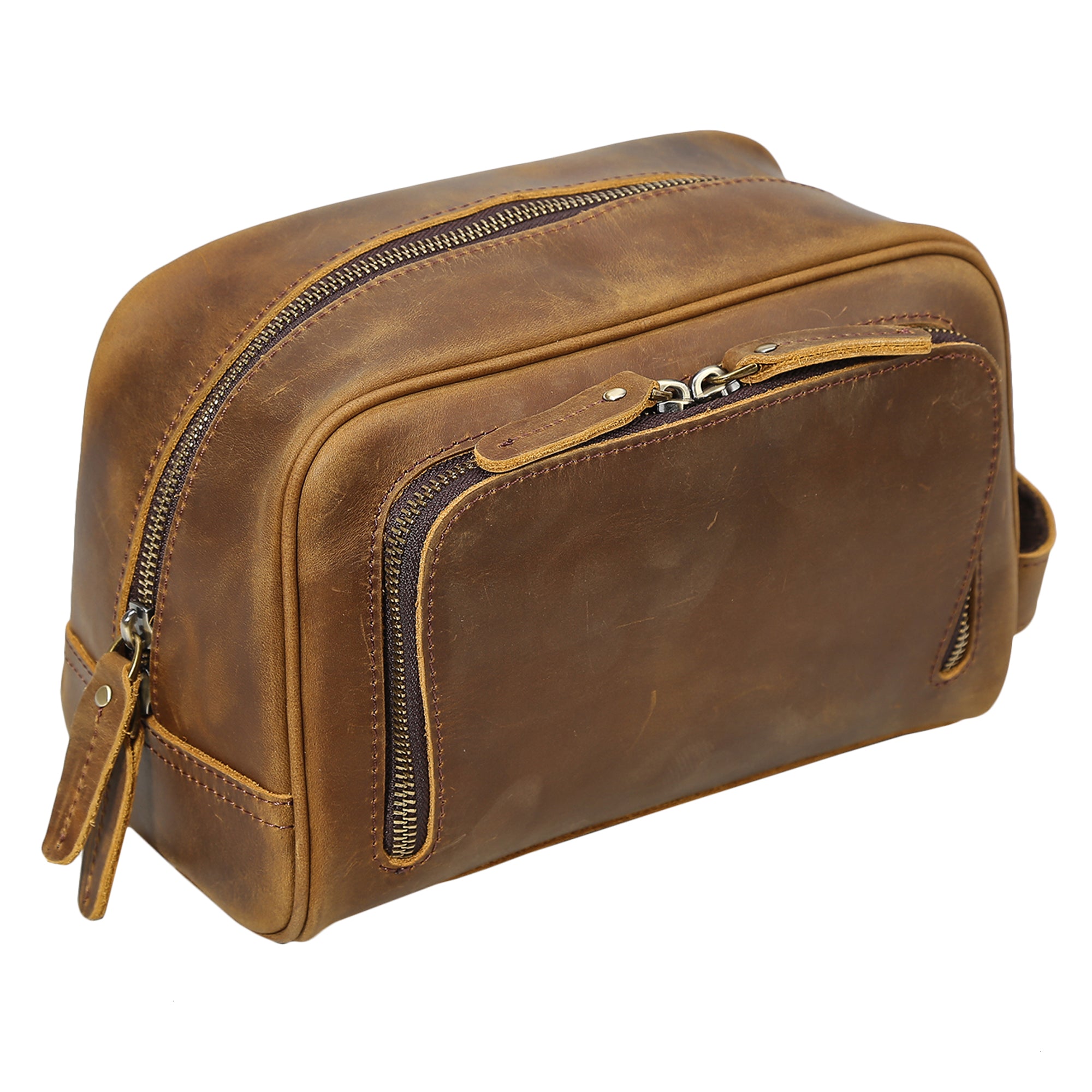 Full Grain Leather Handmade Travel Toiletry Bag (Brown)