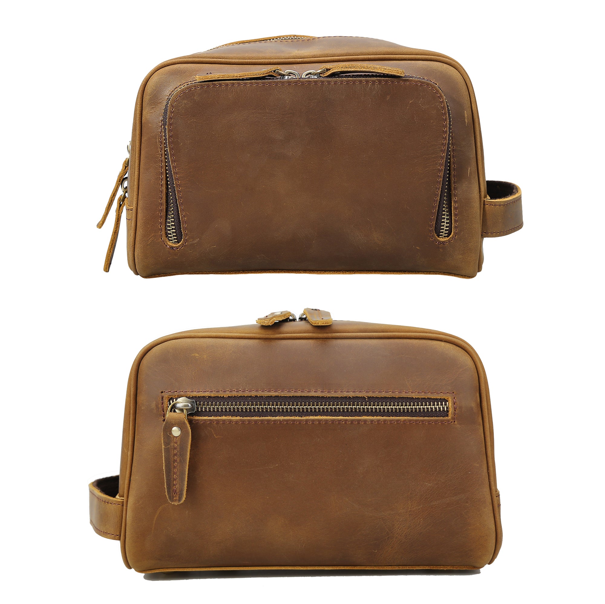 Full Grain Leather Handmade Travel Toiletry Bag (Brown,Front/Back)