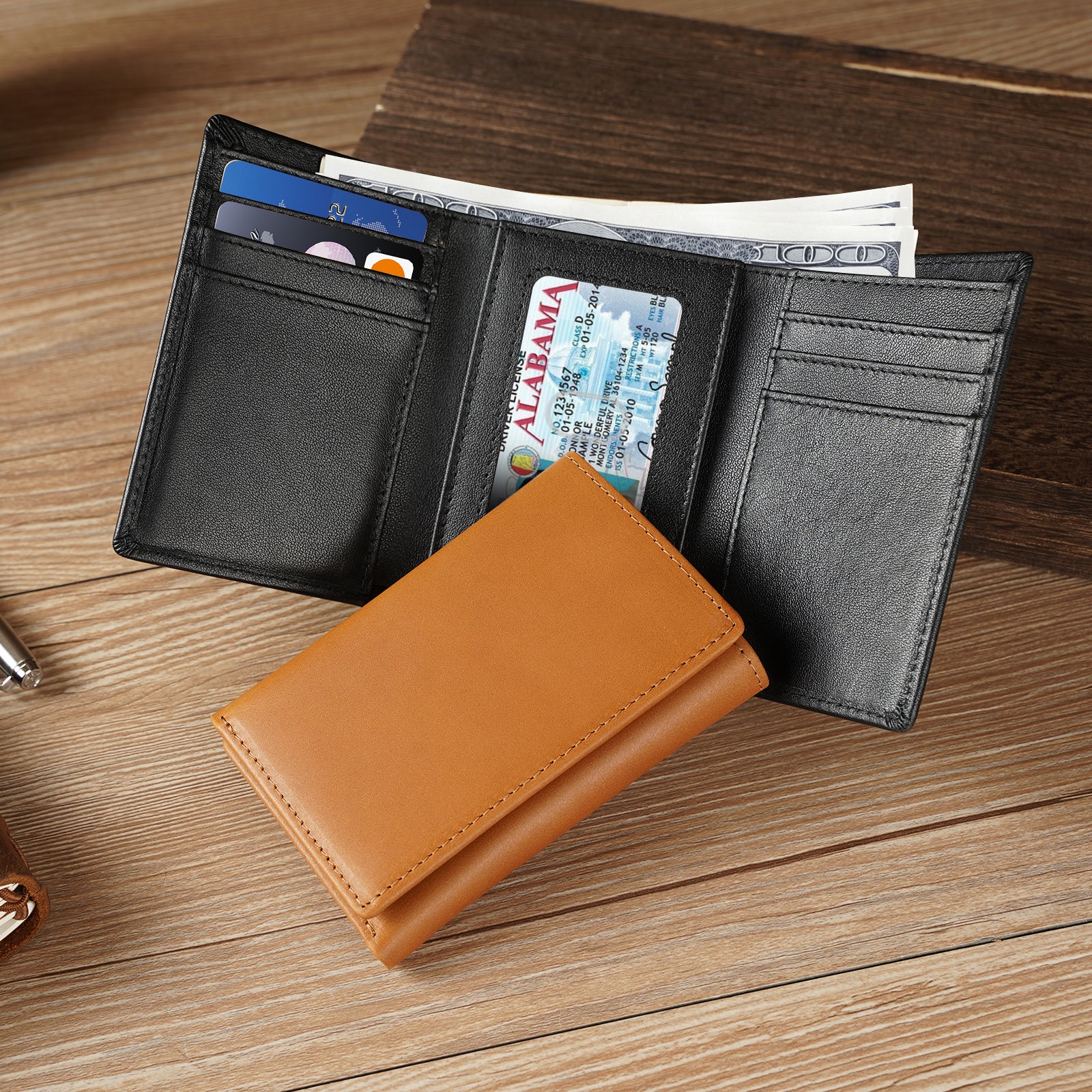 Polare Full Grain Leather Tri-fold Wallet for Men RFID Blocking Wallet (Scenario Shows)