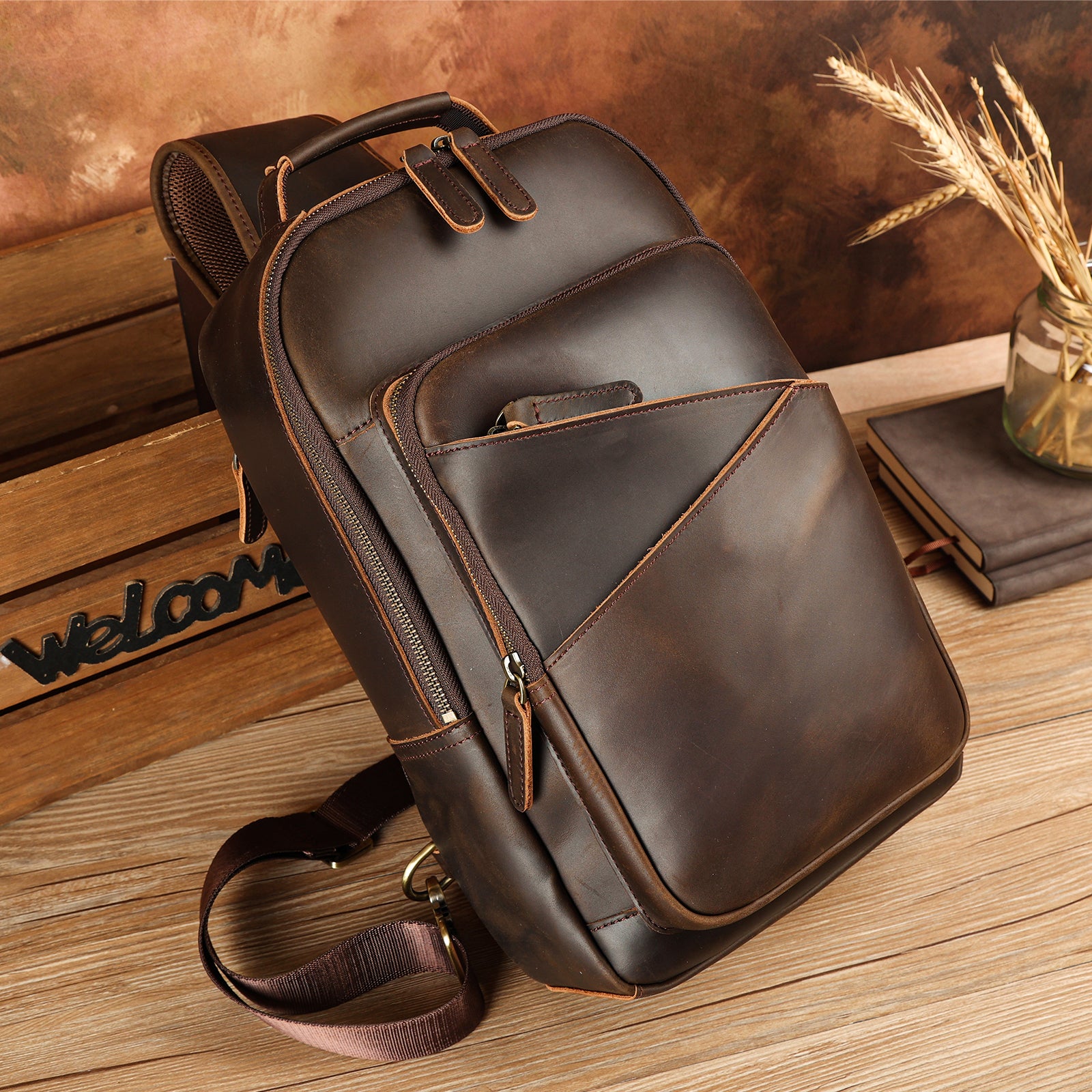 Polare Full Grain Leather Sling Chest Bag For Men (Scenario Shows)