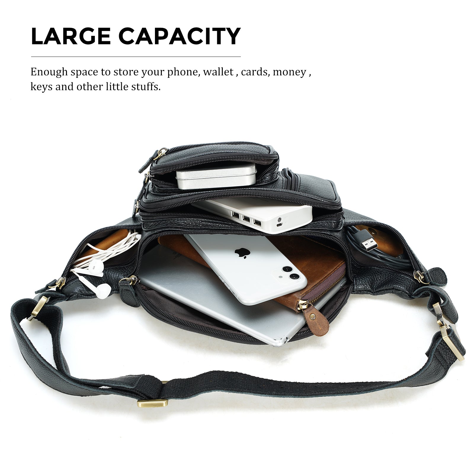 Polare Natural Leather Fanny Pack Waist Bag Black (Inside)