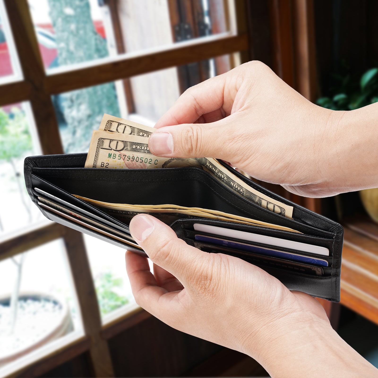 Polare Full Grain Leather Wallet For Men RFID Blocking Slim Billfold (Black,Model Display)