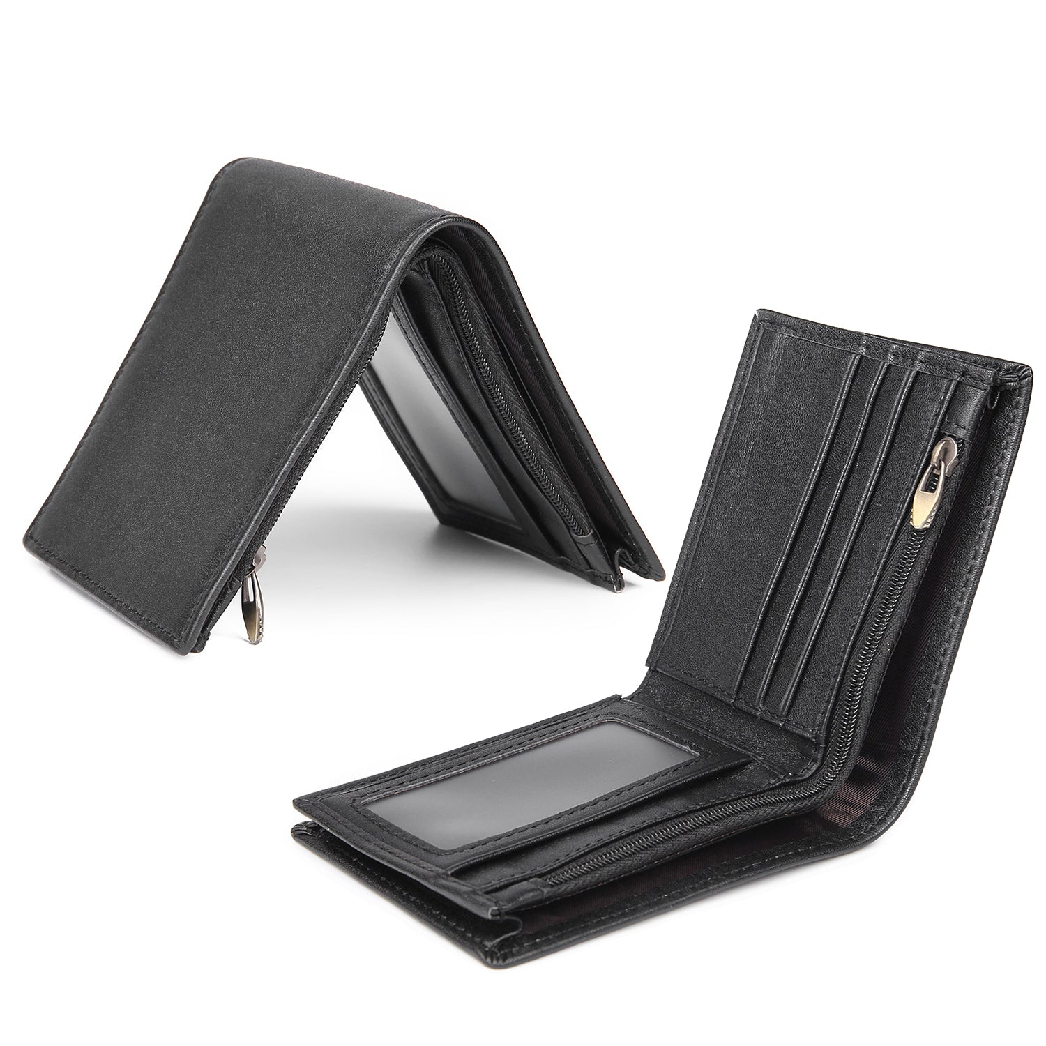 Polare RFID Blocking Crazy Horse Leather Bifold Wallet (Black, Open)