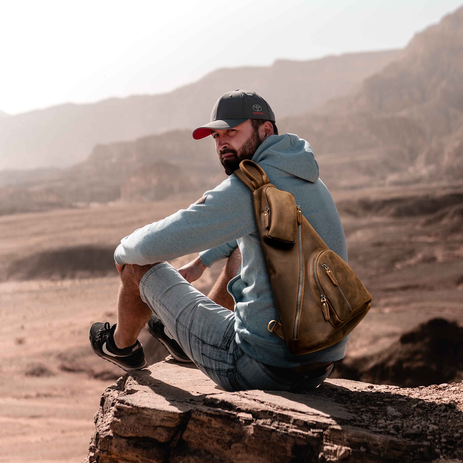 Polare Full Grain Leather Sling Bag For Men Outdoor Travel Shoulder Chest Daypack With Premium YKK Zippers