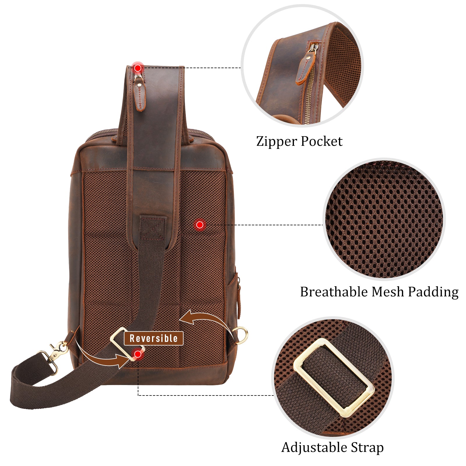 Polare Full Grain Leather Modern Style Sling Shoulder Bag Travel/Hiking Daypack (Dark Brown,Back)