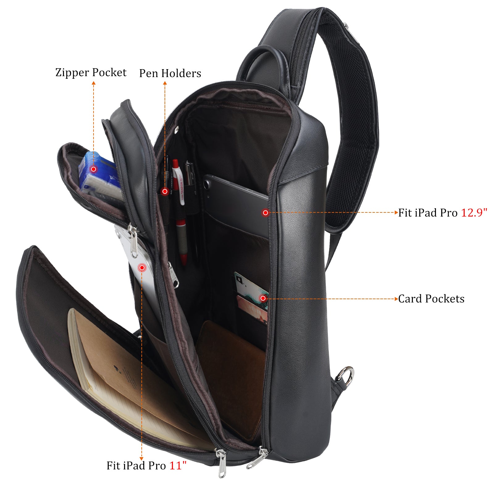 Polare Full Grain Leather Modern Style Sling Shoulder Bag Travel/Hiking Daypack (Black,Inside)