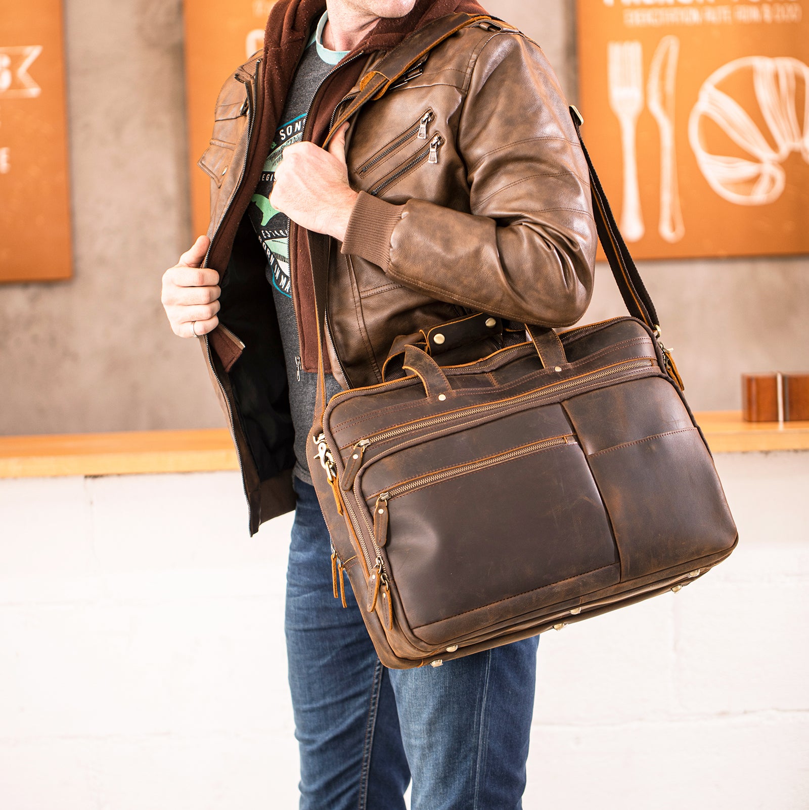 Polare Large Full Grain Leather Briefcase For Men Business Travel Case Messenger Bag