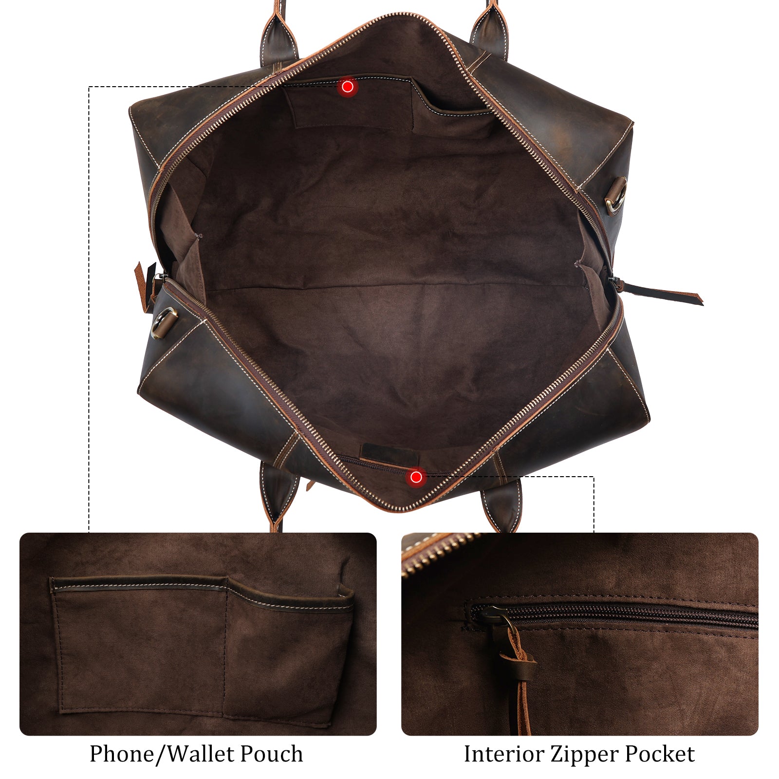 Polare 20" Leather Duffel Bag Overnight Weekender Bag (Inside)