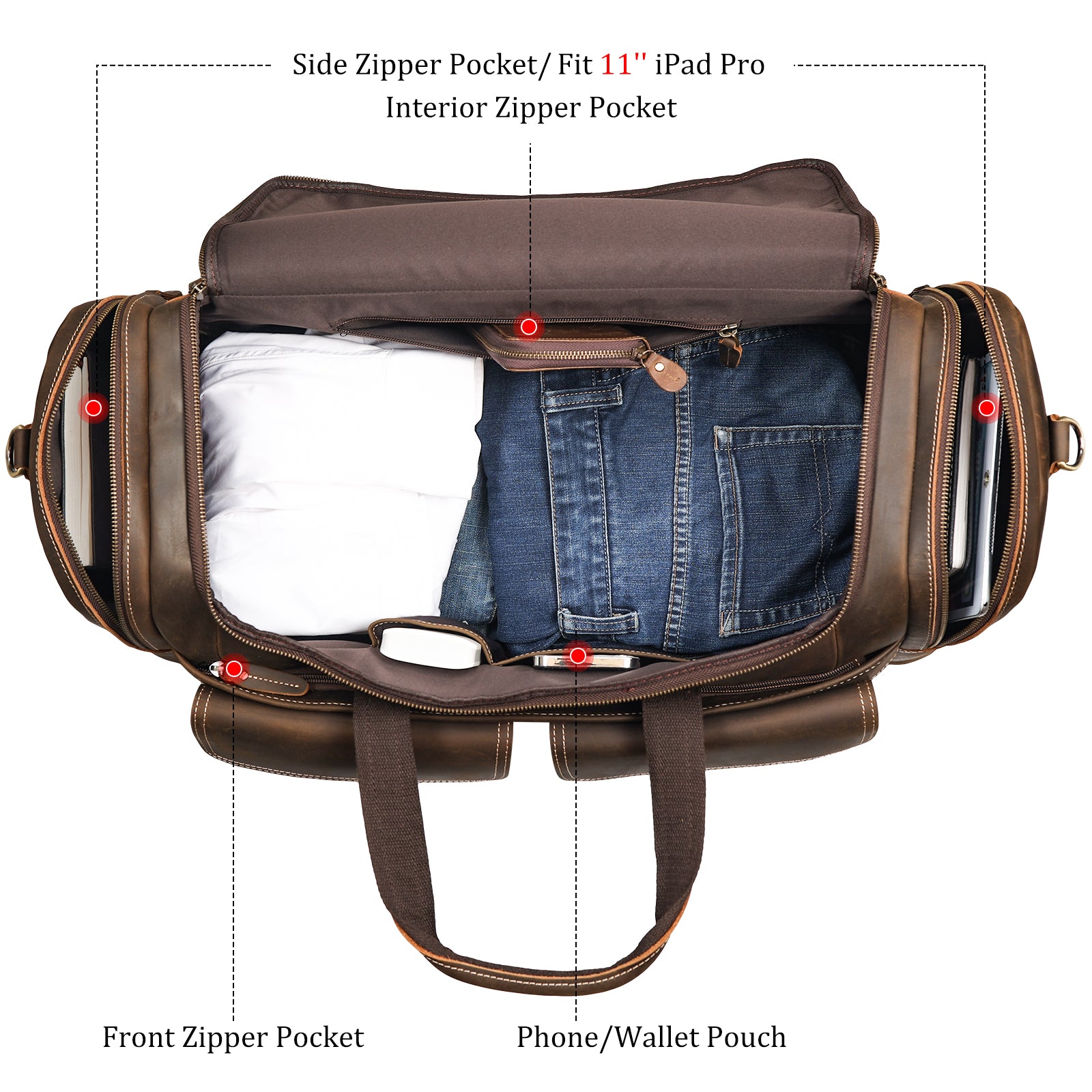 Polare 22.8" Duffel Retro Leather Gym Weekender Bag (Brown, Inside)