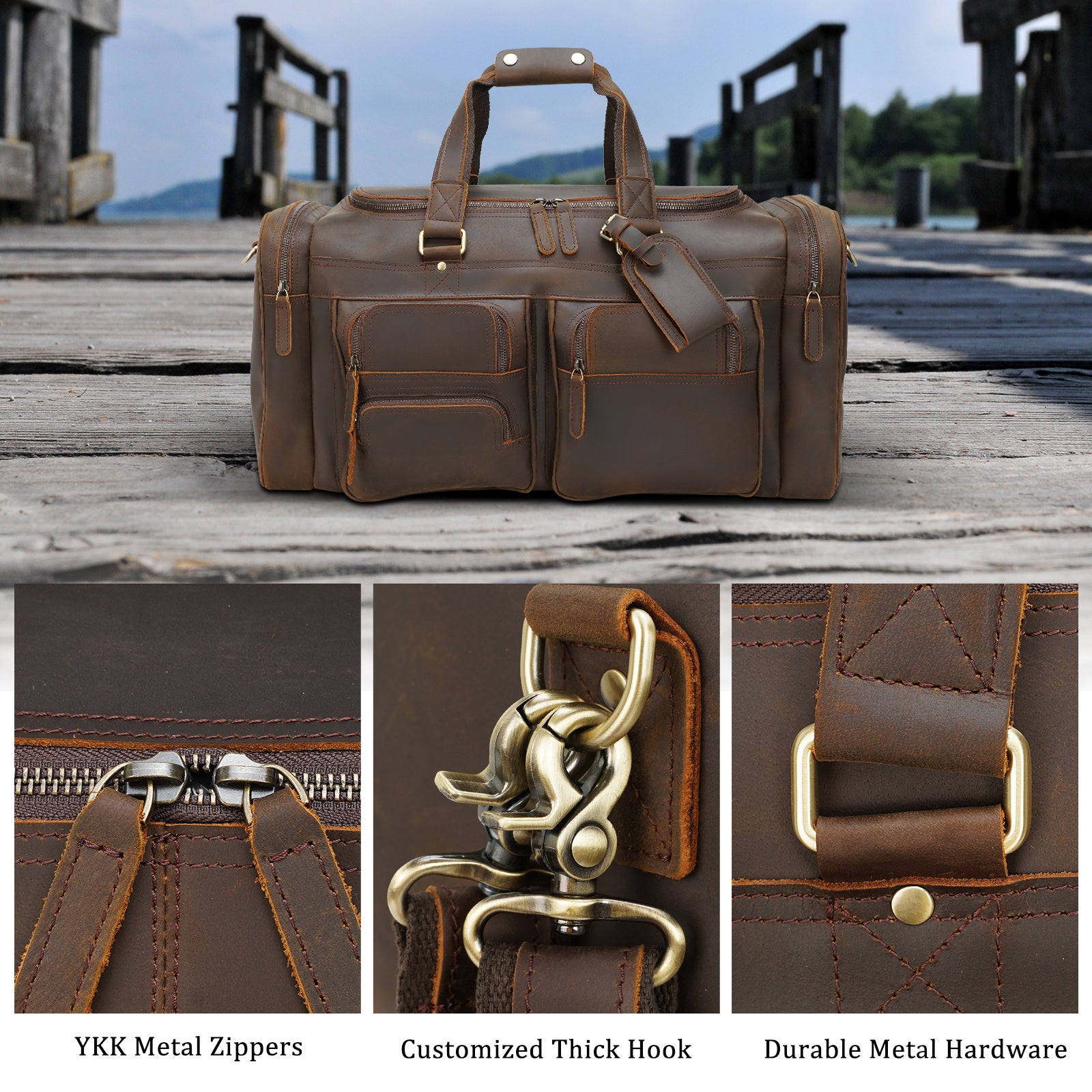 23"/26" Leather Duffel Weekender Travel Bag For Men (Front/Details)