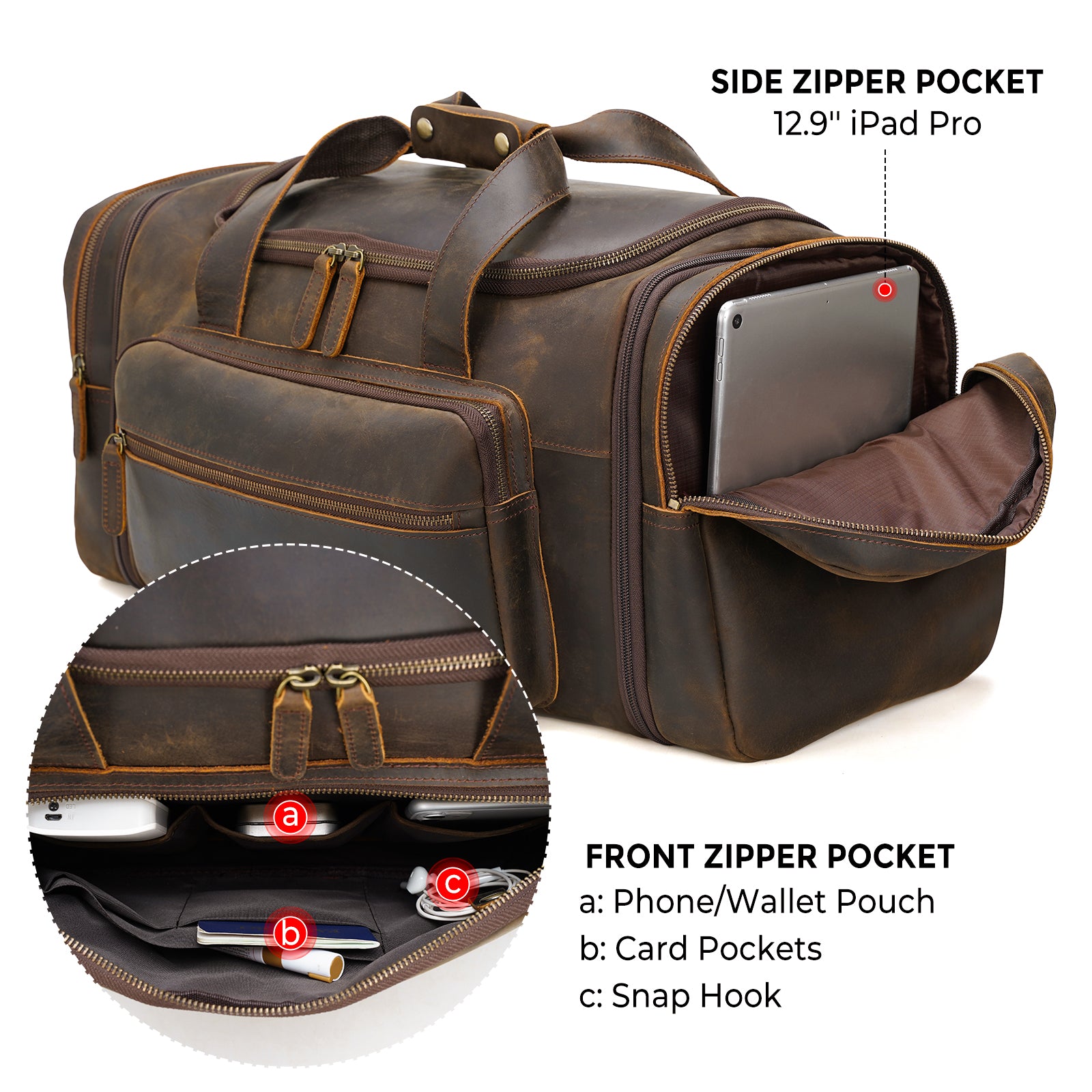 Polare 23'' Expandable to 28'' Full Grain Cowhide Leather Travel Duffle Bag (Details)