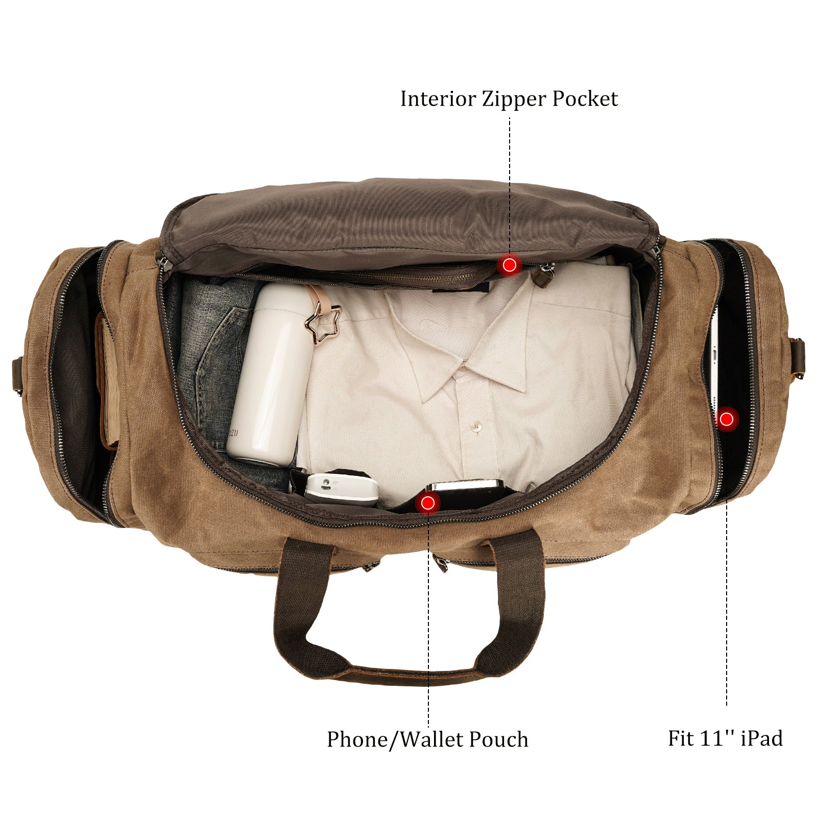 Polare 23” Waxed Canvas Cowhide Leather Travel Duffel Carry on Bag (Inside)