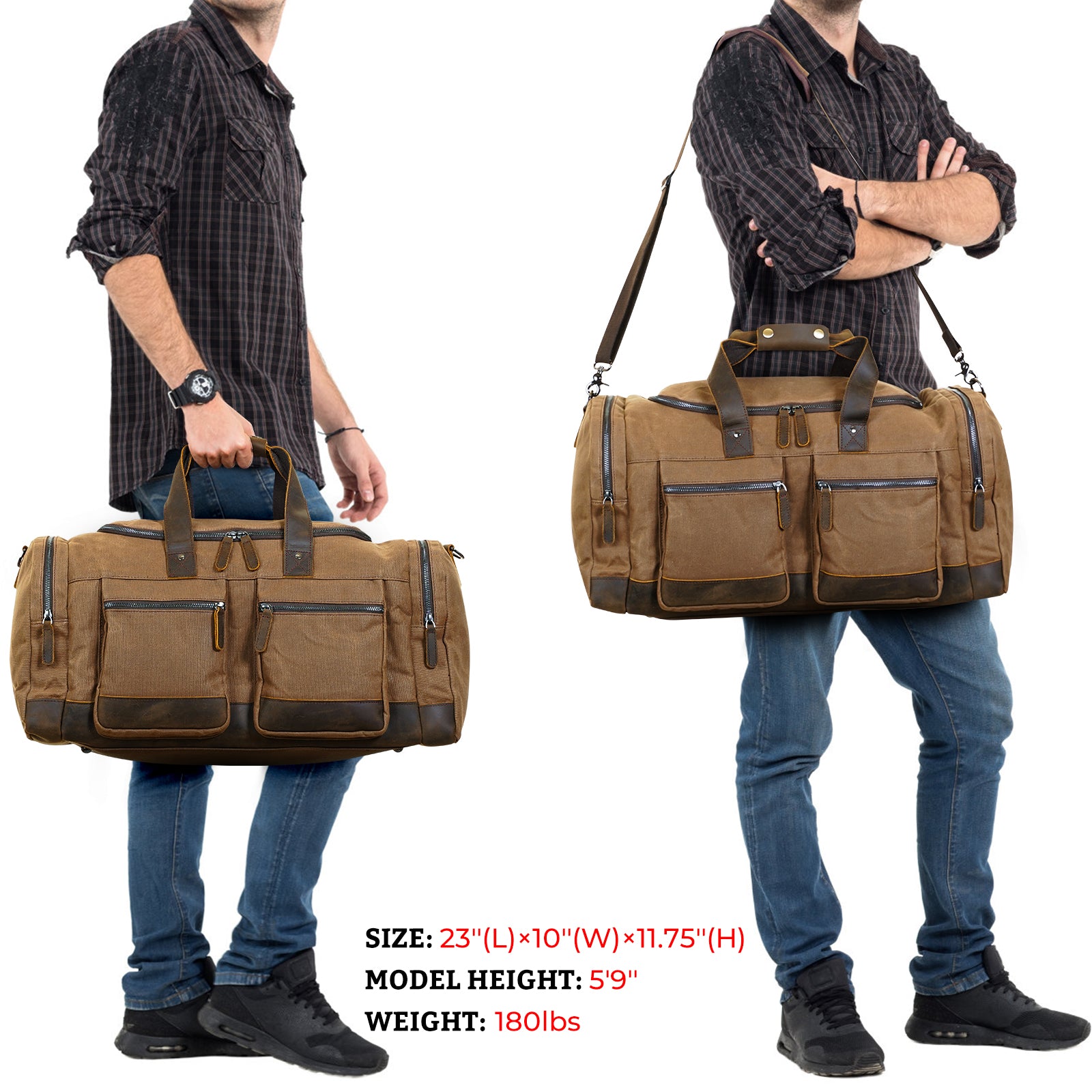 Polare 23” Waxed Canvas Cowhide Leather Travel Duffel Carry on Bag (Model Display)