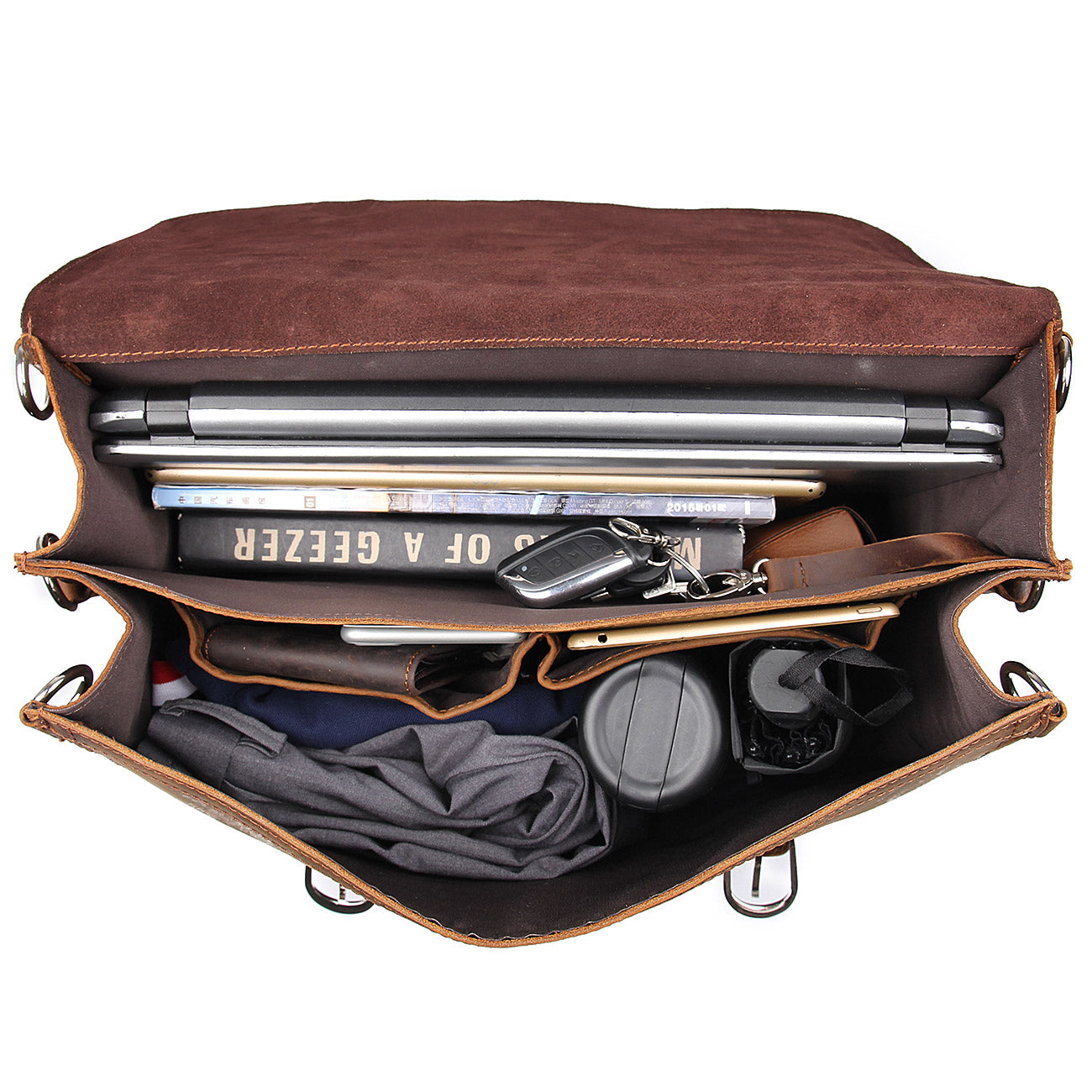 Polare 16" Full Grain Leather Briefcase Shoulder Messenger Bag (Brown, Inside)