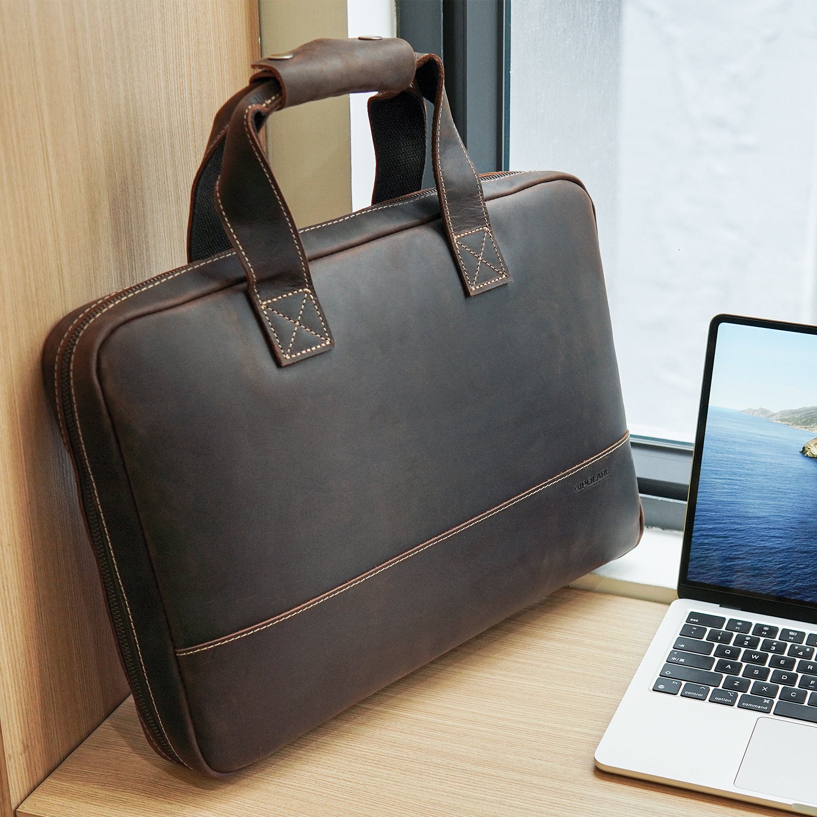 Polare Full Grain Leather Laptop Sleeve Protective Cover Case (Scenario Shows)