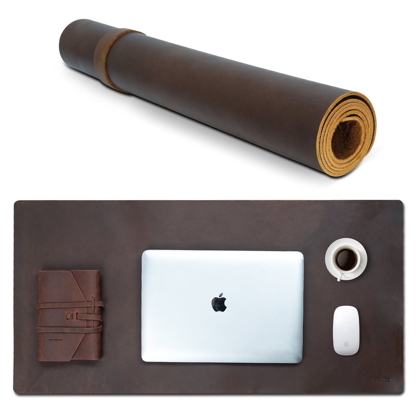 Polare 2mm Thick Large Full Grain Leather Desk Pad Protector (Dark Brown,Dimension)