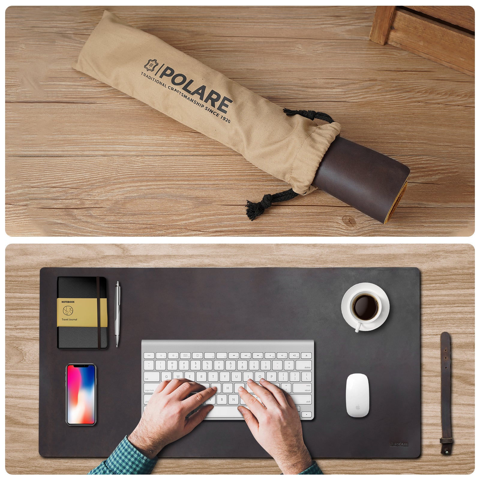 Polare 2mm Thick Large Full Grain Leather Desk Pad Protector (Dark Brown,Scenario Shows)