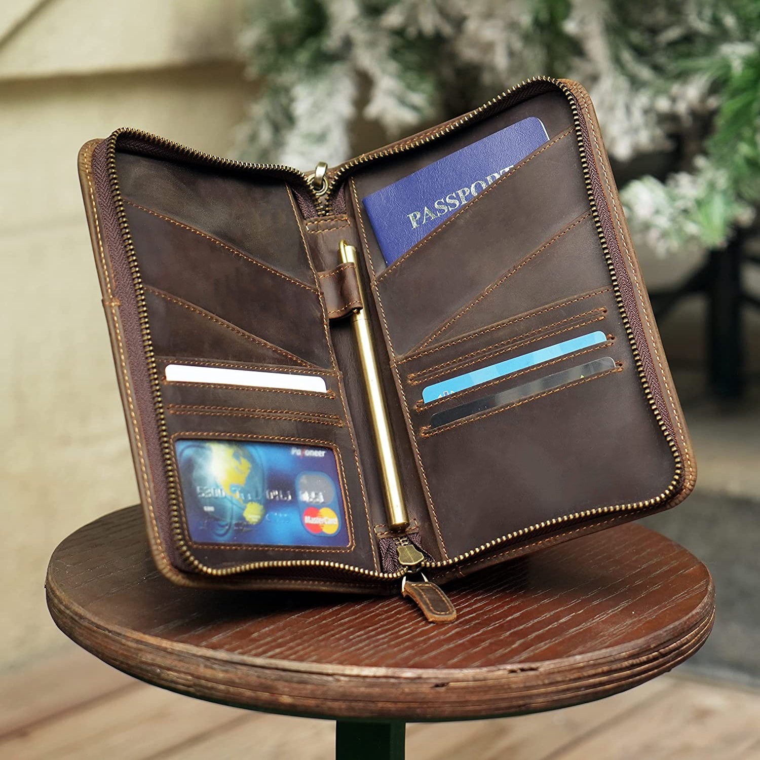 Polare Full Grain Leather RFID Blocking Family Travel Wallet Holds 6 Passports (Scenario Shows)