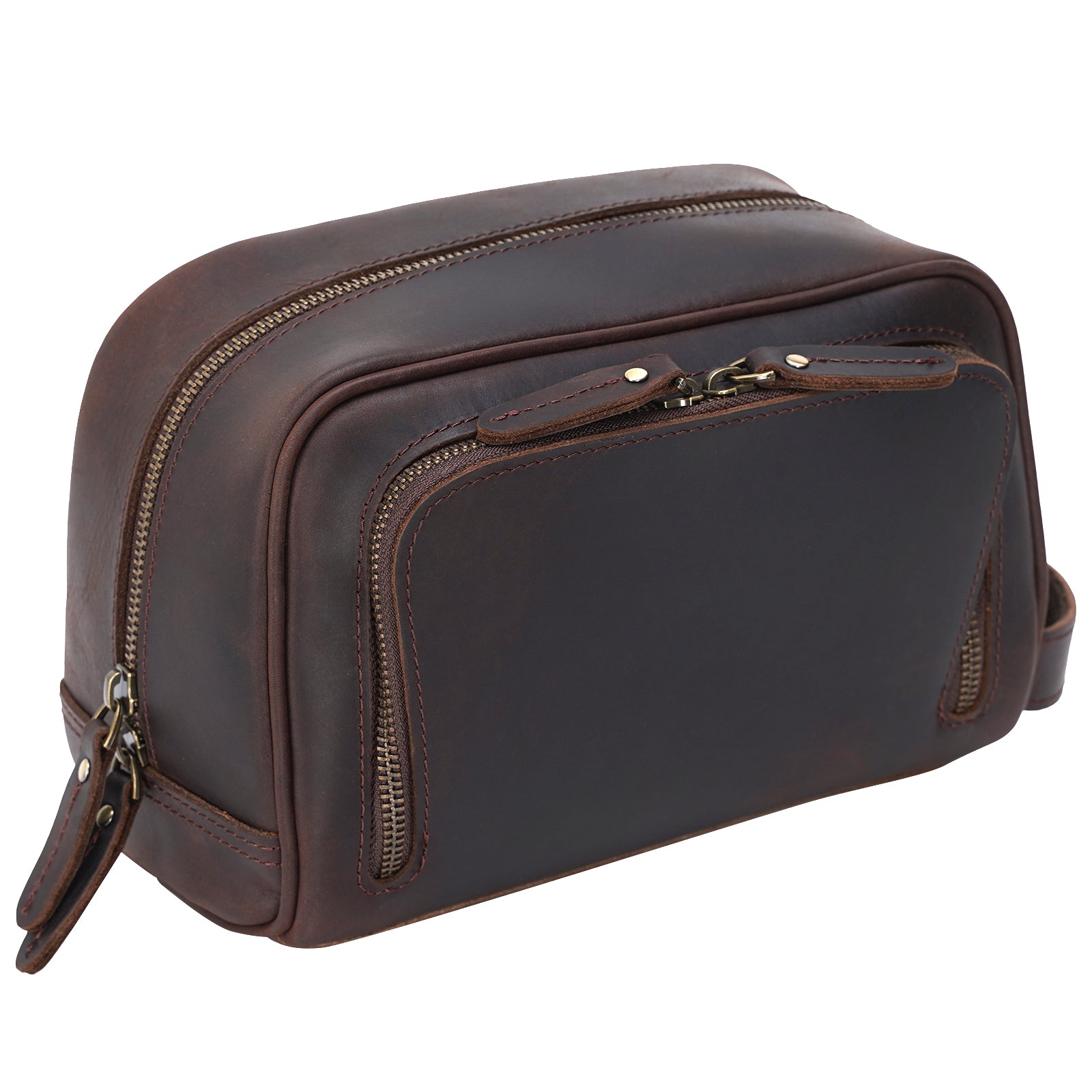 Full Grain Leather Handmade Travel Toiletry Bag (Dark Brown)