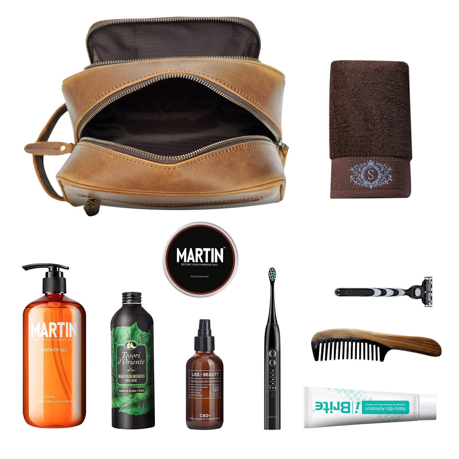 Full Grain Leather Handmade Travel Toiletry Bag (Brown, Inside)