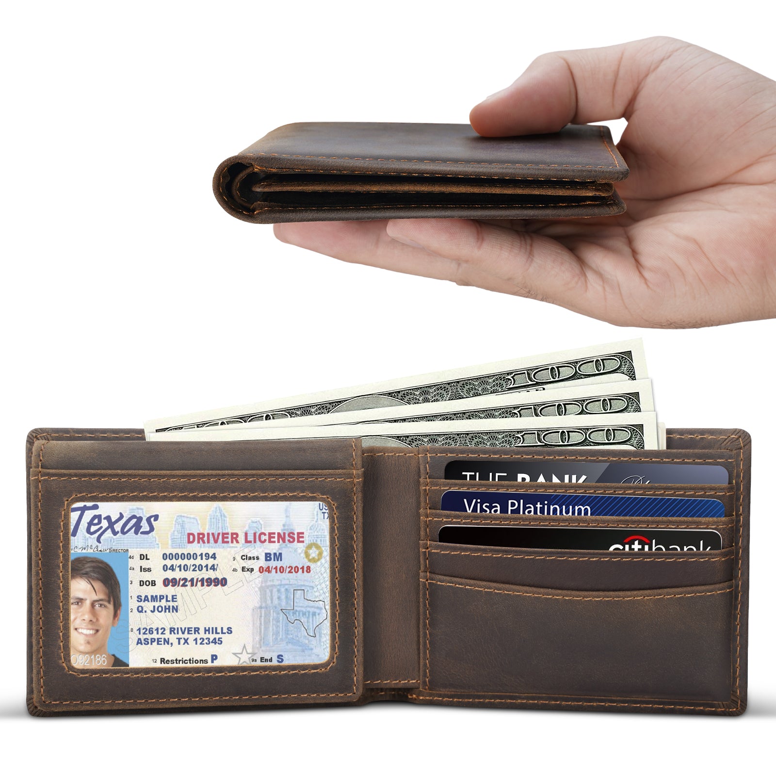 Polare Cowhide Leather Bifold Wallet with 2 ID Windows (Dark Brown,Details)