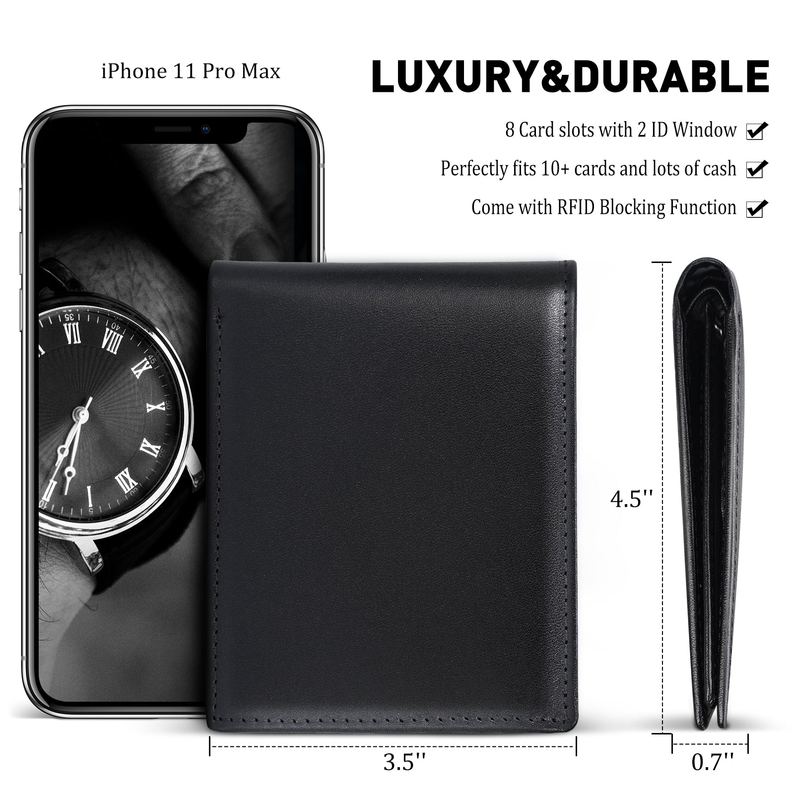 LVCRETIVS Vegetable Tanned Full Grain Leather RFID Blocking Bifold Wallet (Black,Dimension)