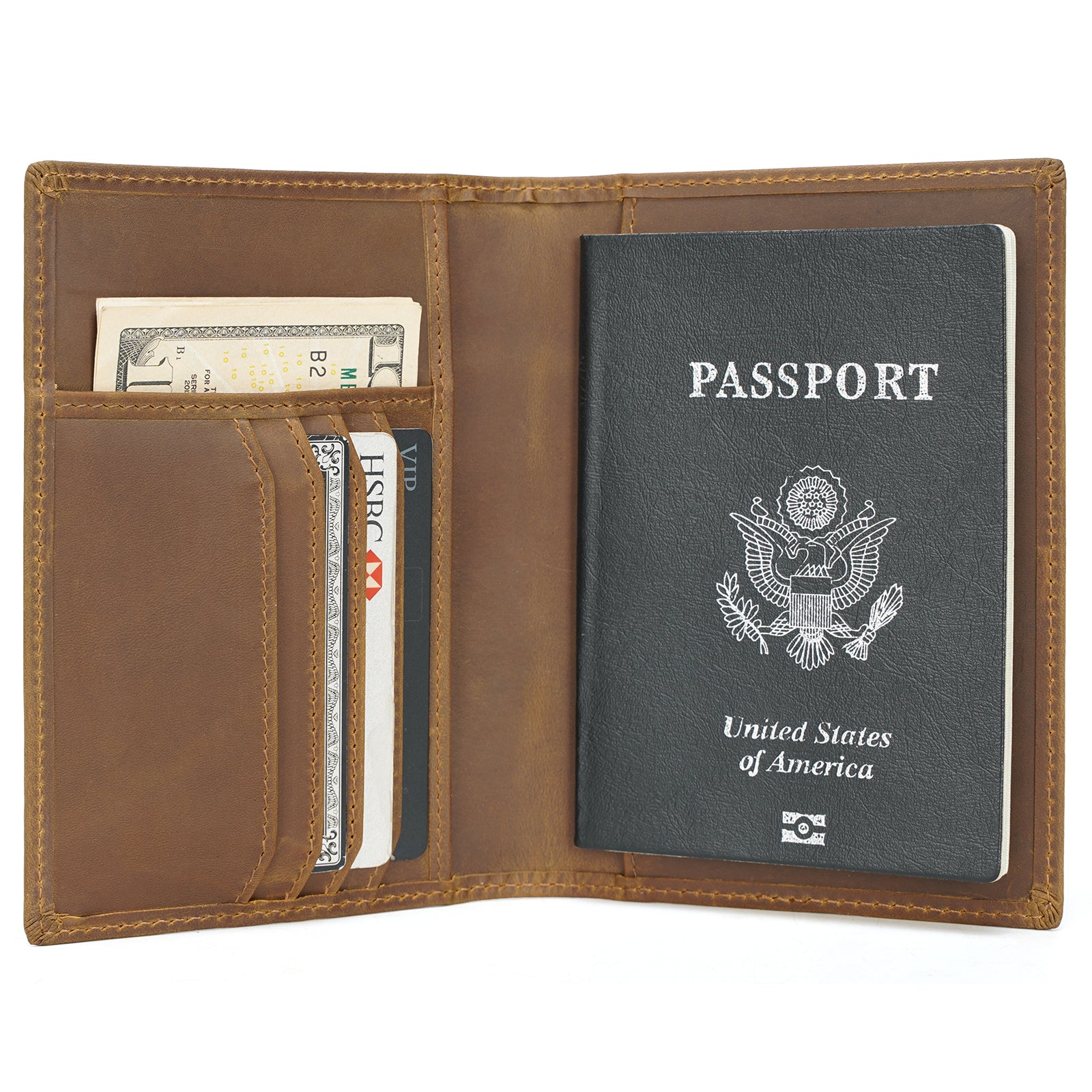 Polare RFID Blocking Leather Passport Holder Travel Bifold Wallet (Light Brown)