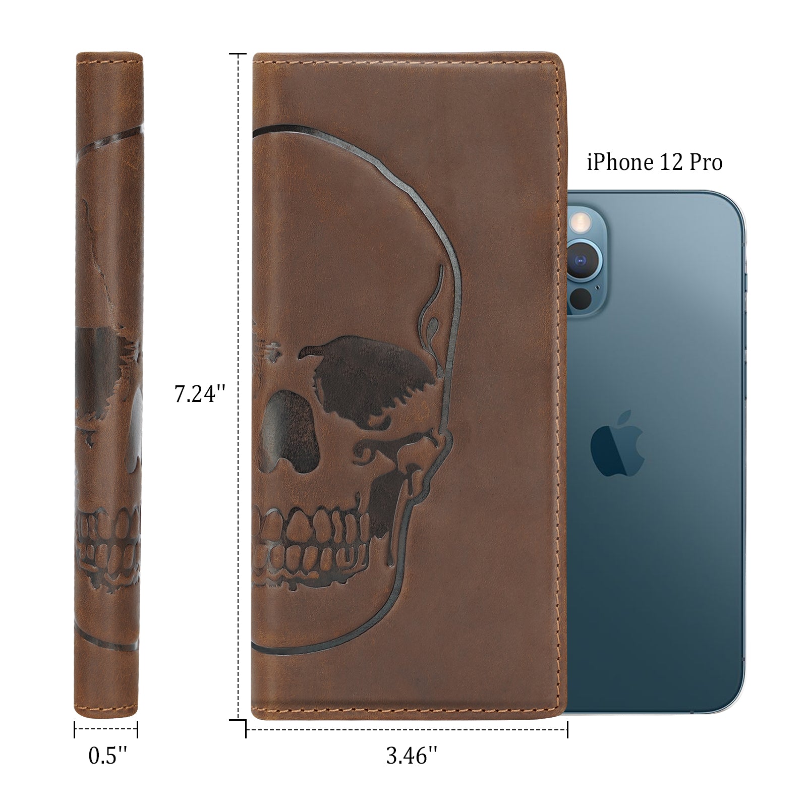 Polare Vintage Skull Long Bifold Wallet for Men Full Grain Leather RFID Blocking Credit Cards Checkbook Holder