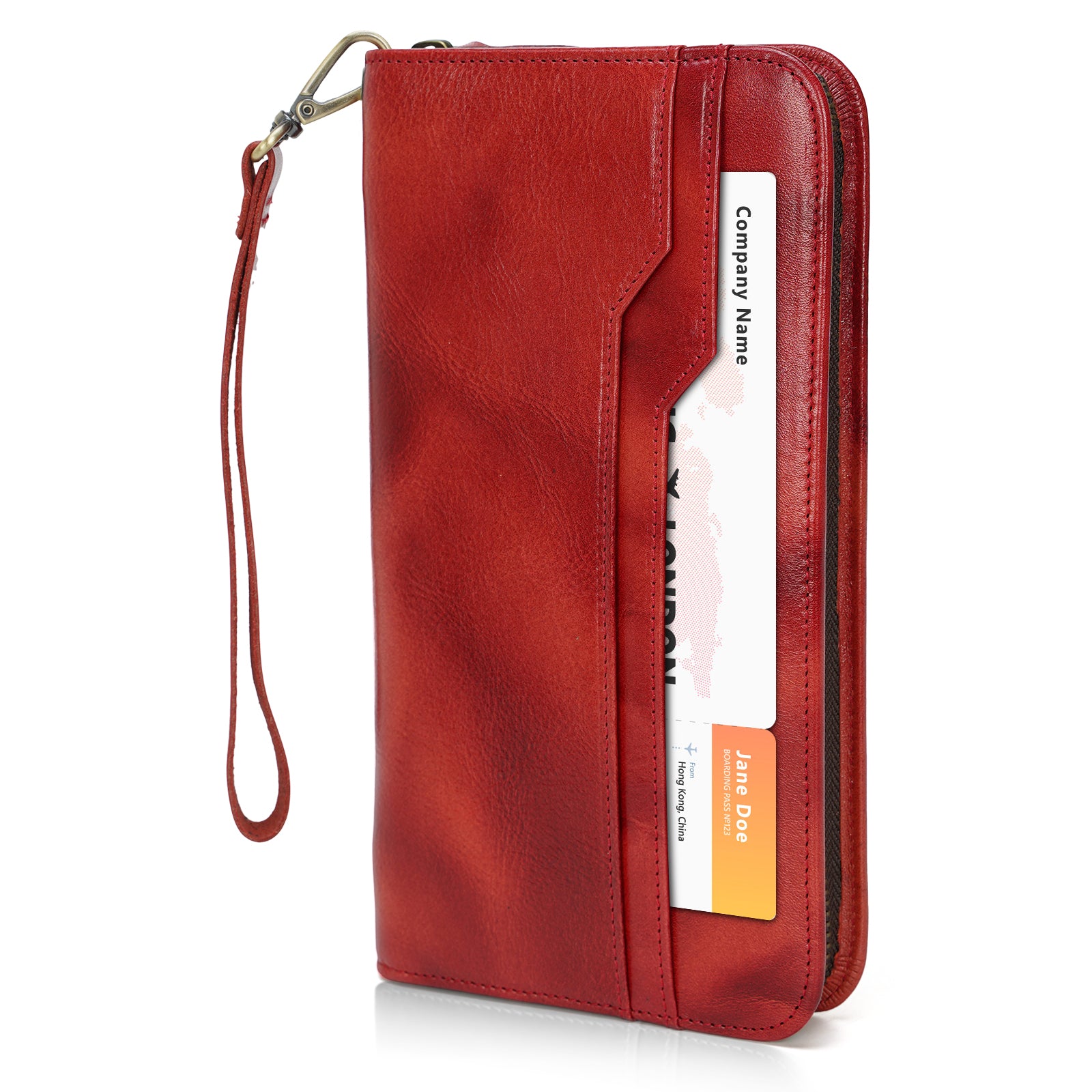 Full Grain Leather Family Travel RFID Blocking Passport Wallet (Red)