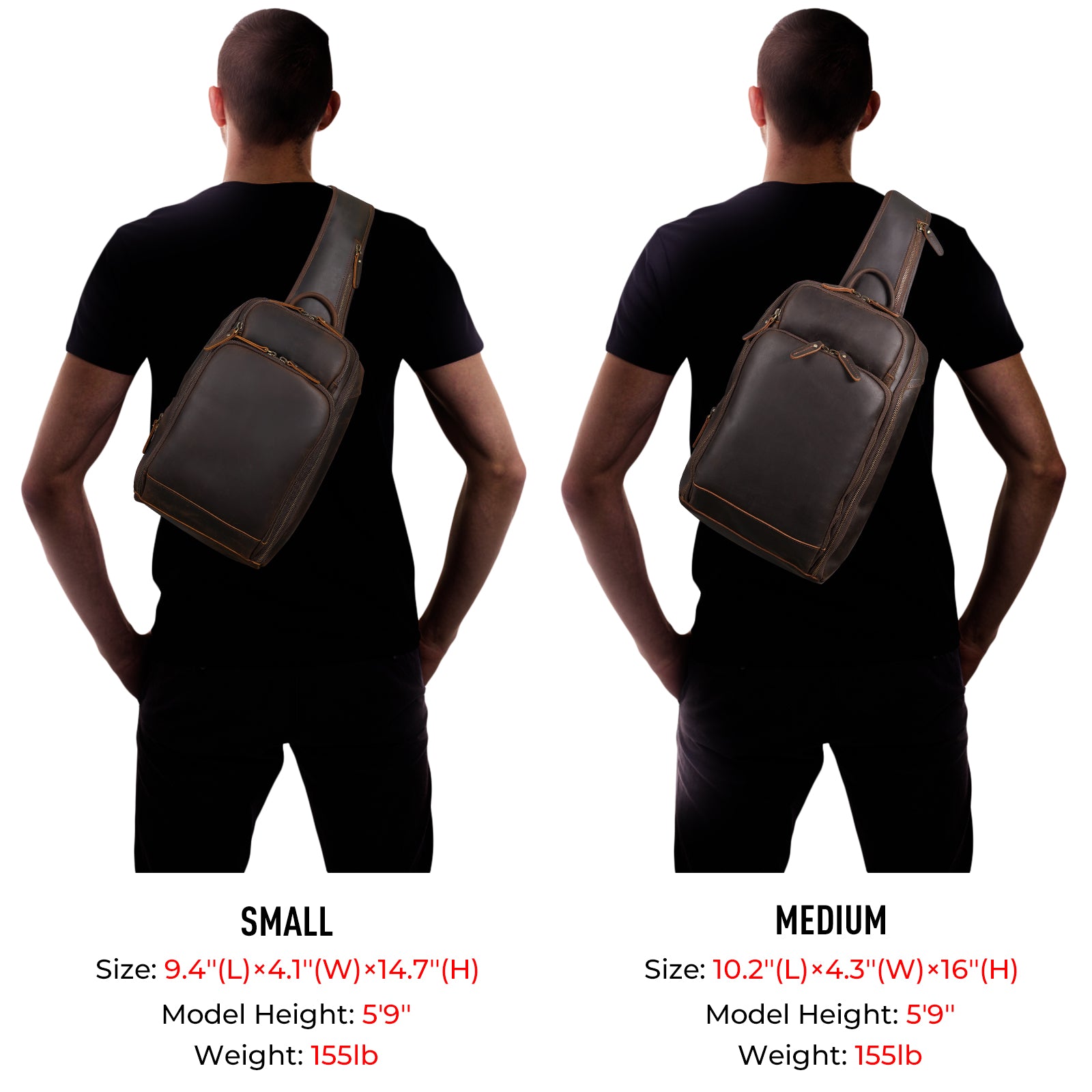 Polare Full Grain Leather Modern Style Sling Shoulder Bag Travel/Hiking Daypack (Dimension,Model Display)