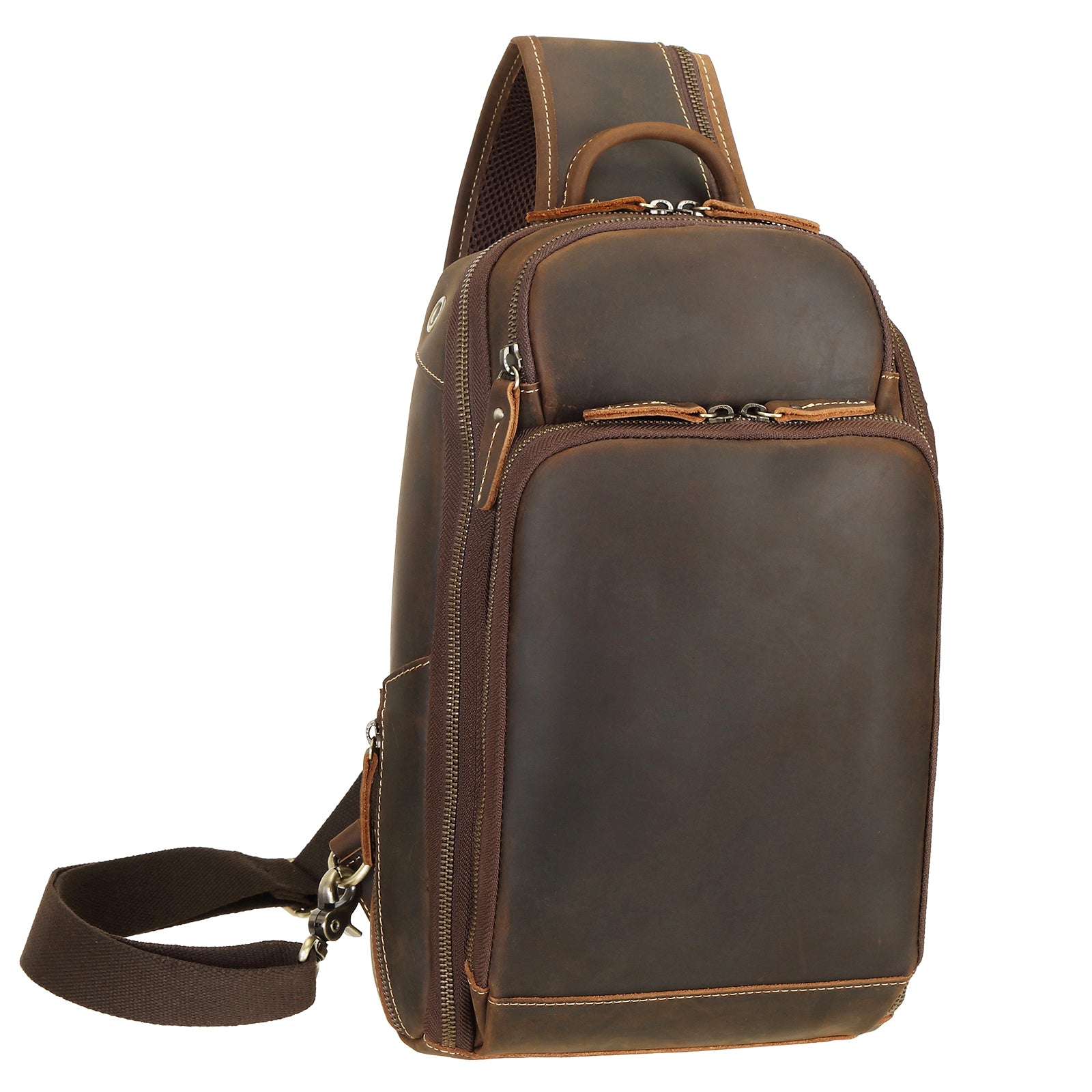 Mens Leather Sling Bag Crossbody Chest Bag Shoulder Bag Backpack Hiking  Travel