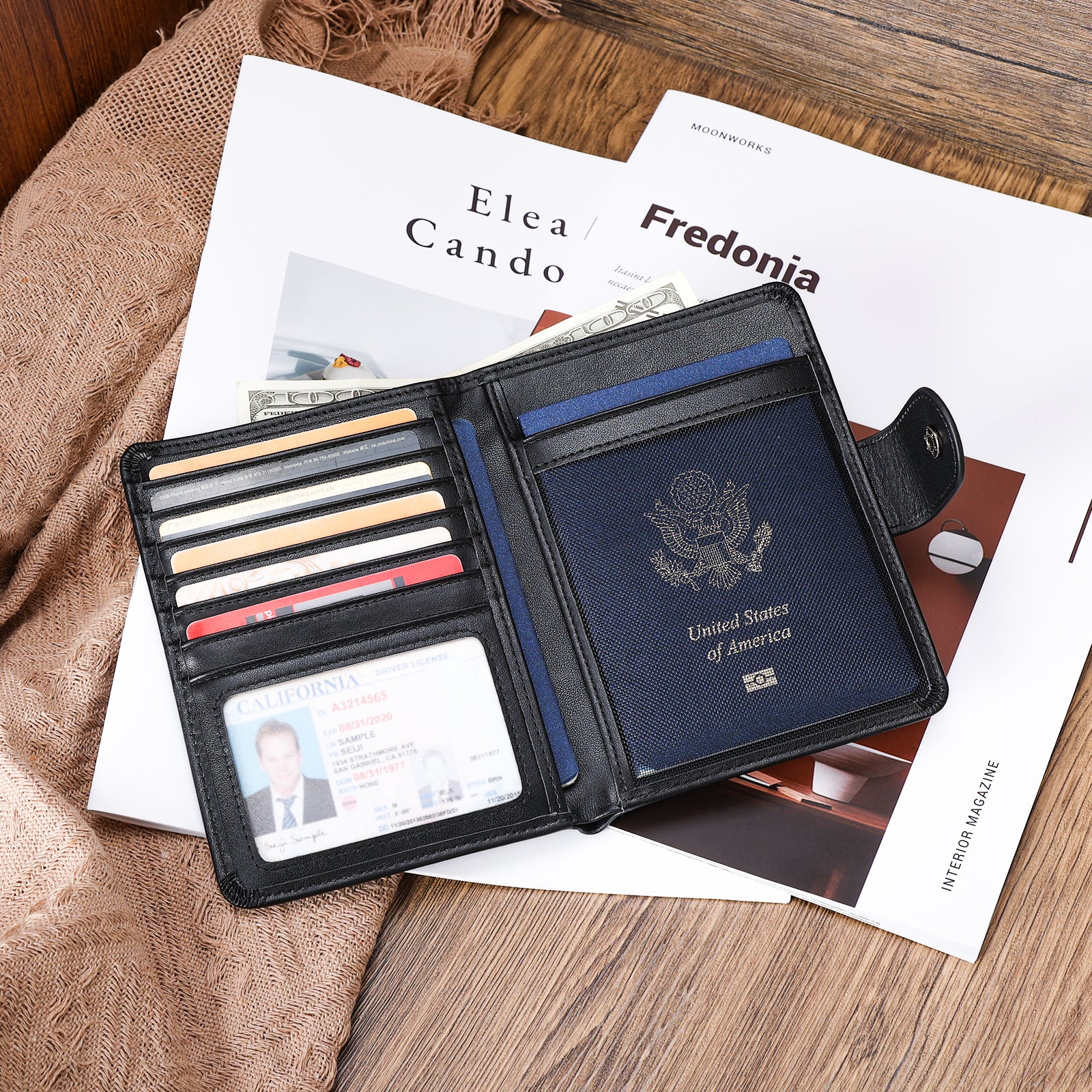 Polare Full Grain Leather Snap Bifold Travel Passport Holder (Black,Scenario Shows)