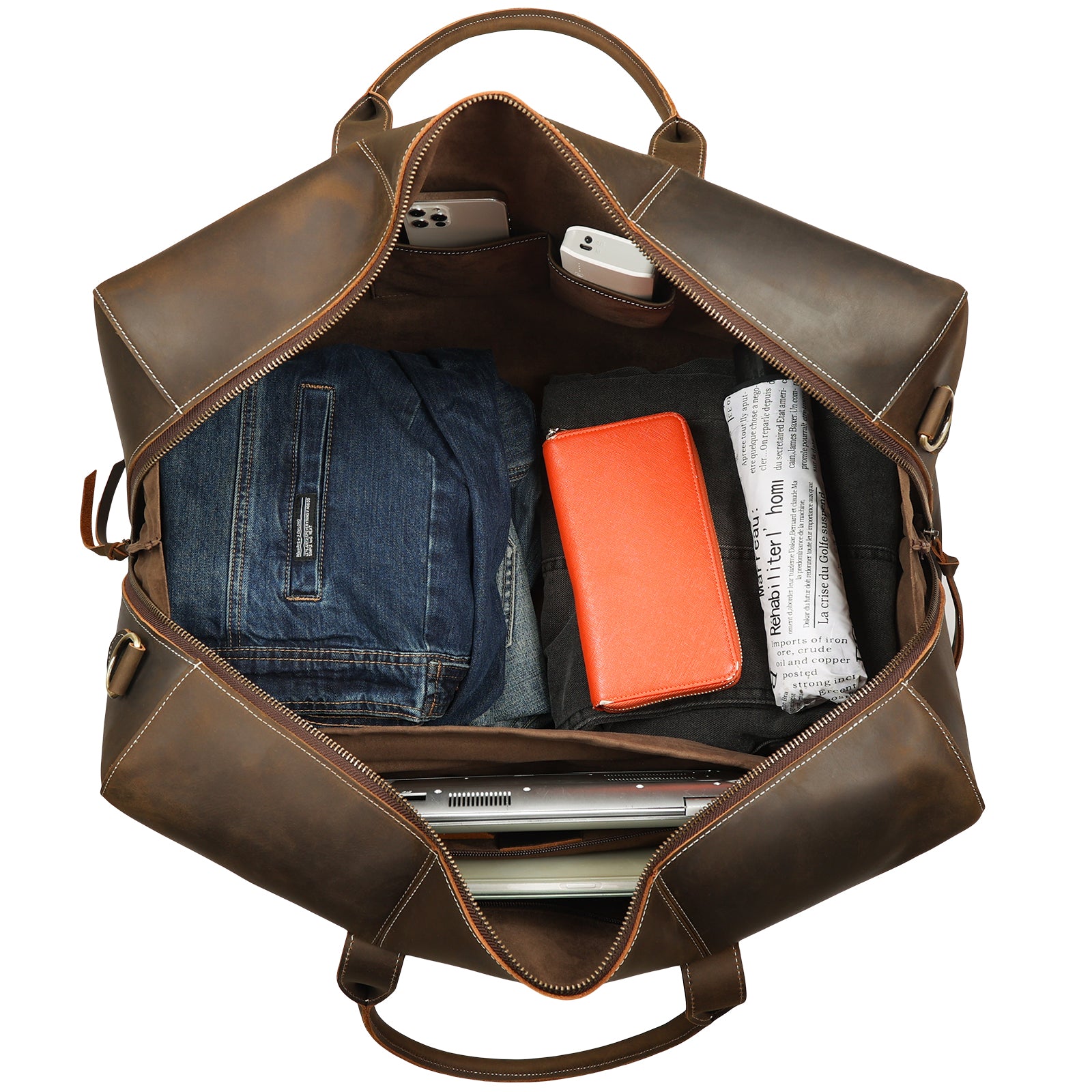Polare 23.2'' Leather Duffel Bag Overnight Weekender Bag (Brown, Inside)