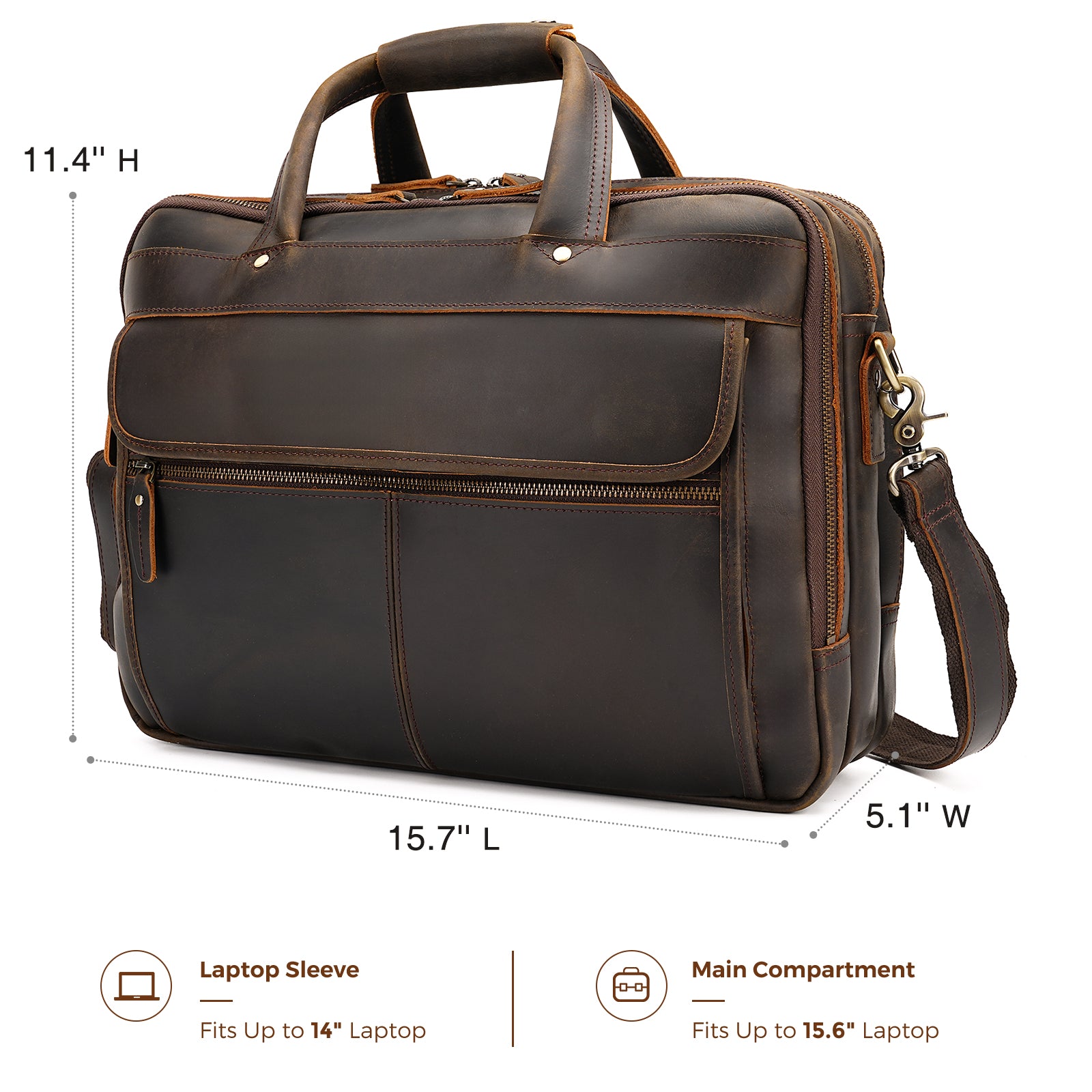 Full Grain Leather Laptop Briefcase for Men 15.6 inch laptop capacity