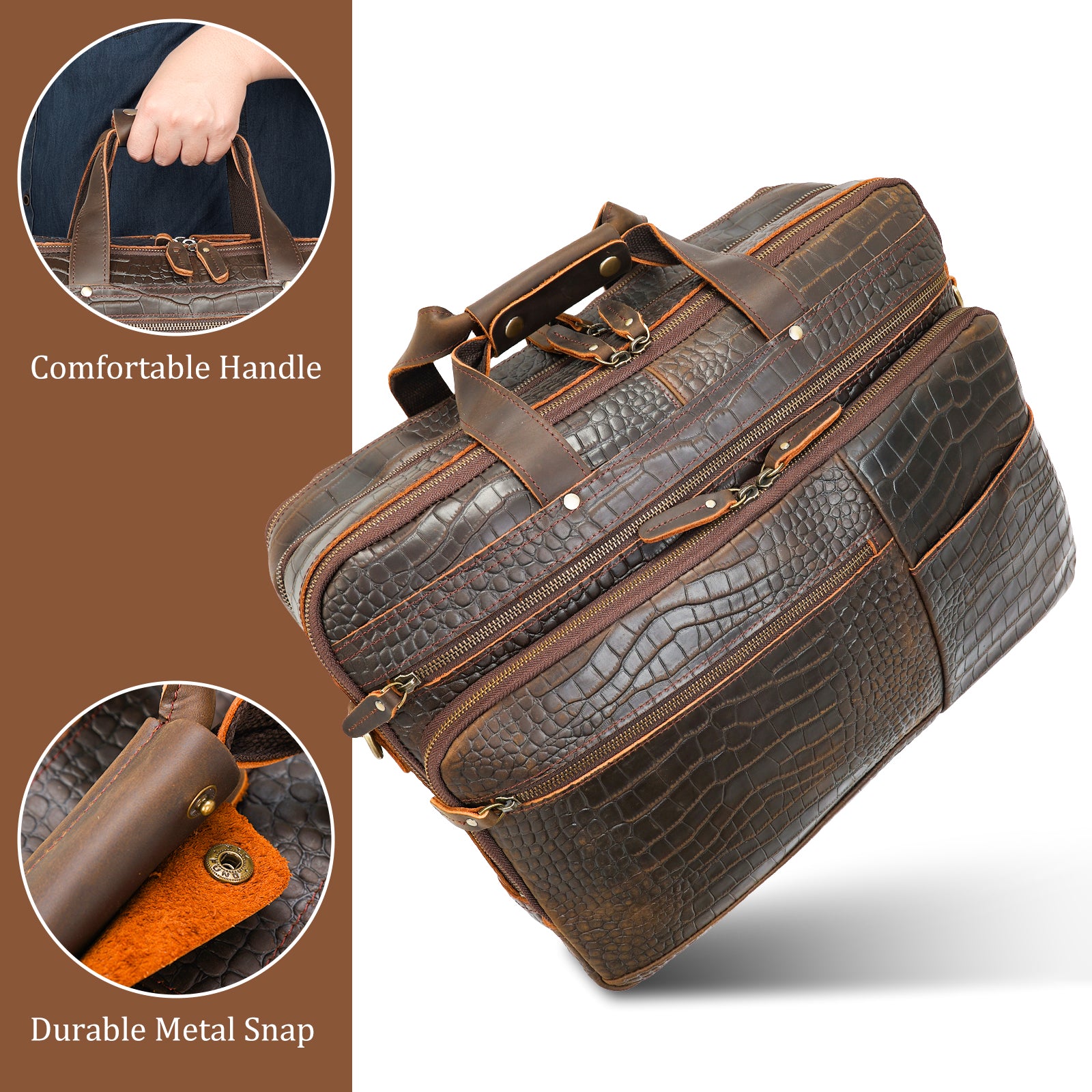 Crocodile Pattern Cowhide Leather Briefcase For Men (Details)