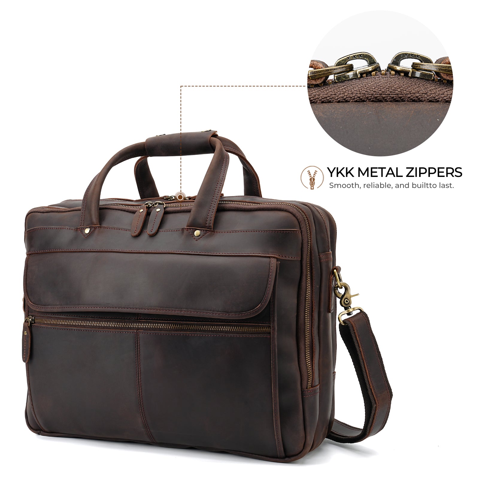 Premium Leather Laptop Briefcase with YKK metal zipper craftsmanship