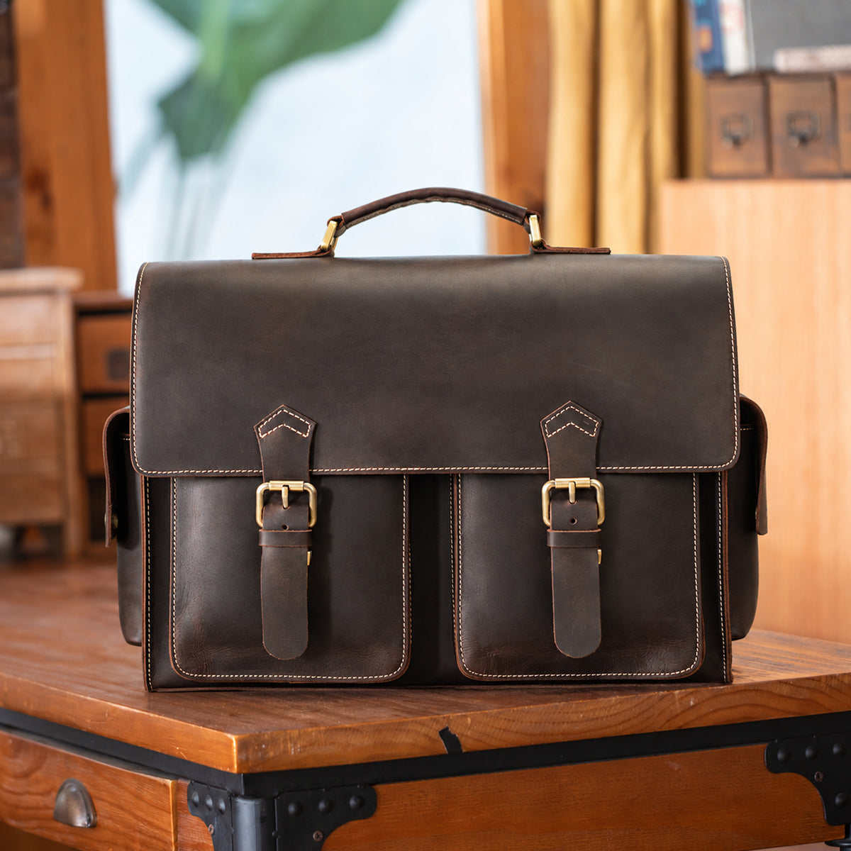 Vintage Leather Briefcase office desk business professional style