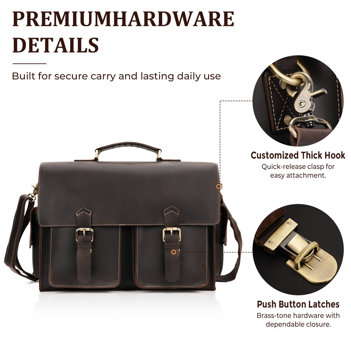 Full Grain Leather Briefcase premium hardware buckle details